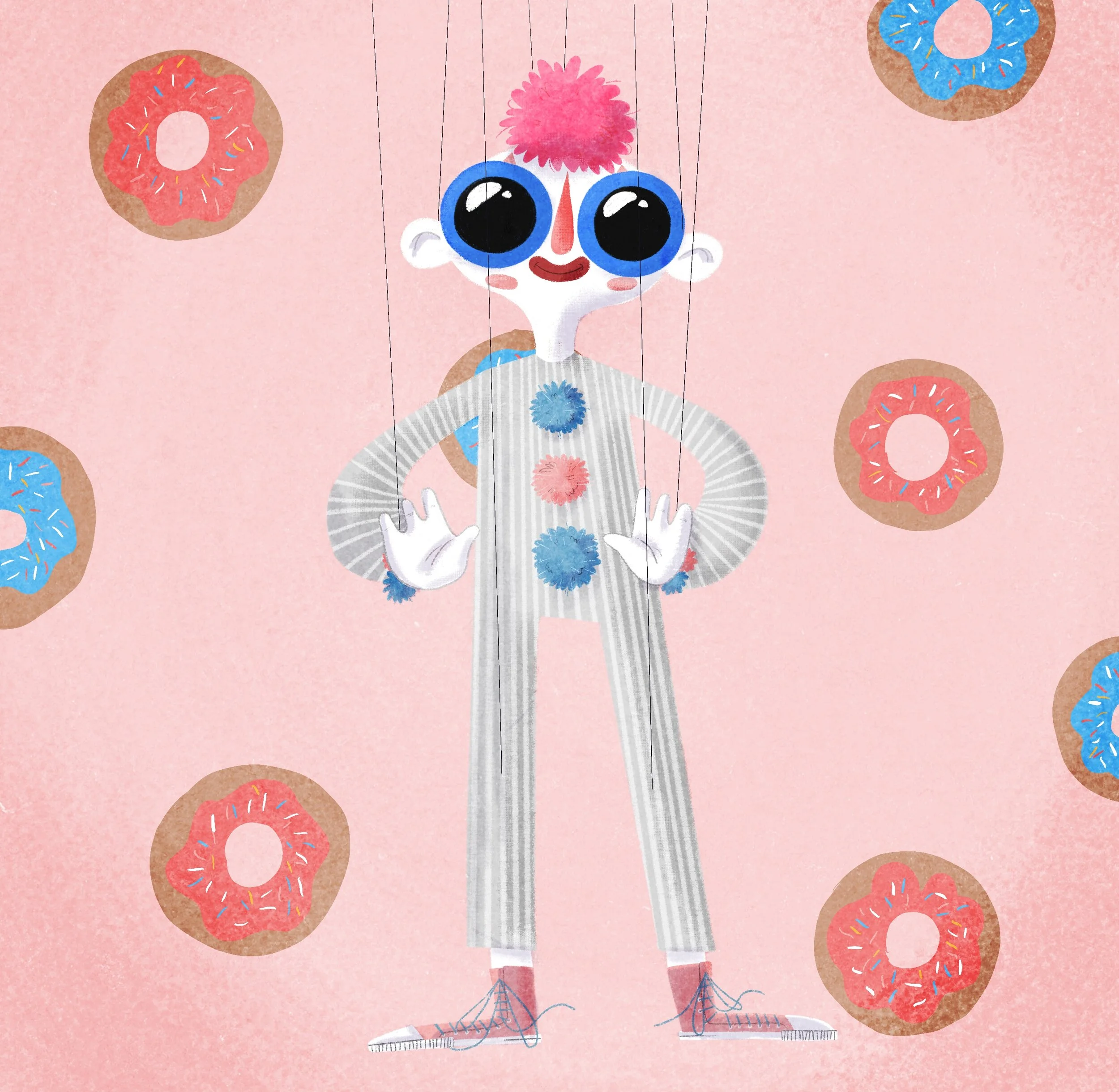 A cheerful cartoon character with large blue eyes, pink hair, and a striped gray jumpsuit decorated with colorful pom-poms, standing with hands on hips amidst pink and blue donuts on a pink background.