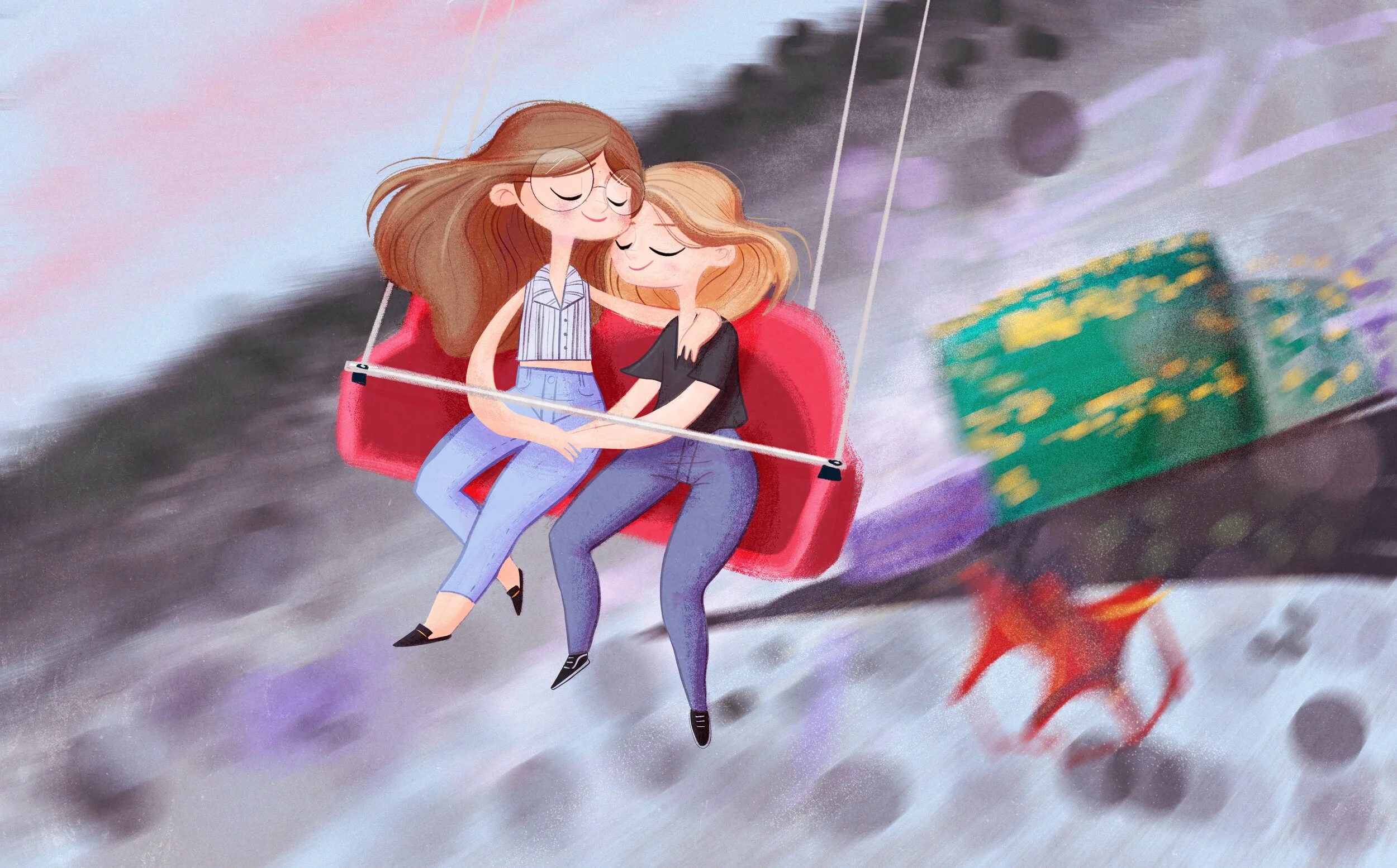 Two women sitting on a swing, holding hands and enjoying each other's company while flying through a dreamy, colorful sky with blurred clouds and a vibrant box in the background.