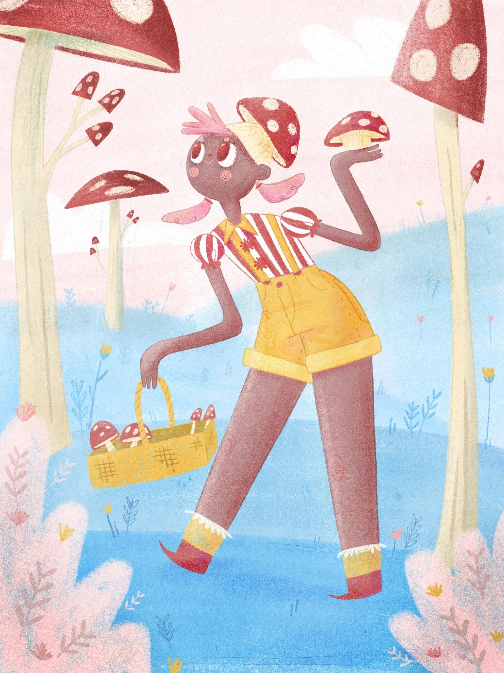 Cartoon girl with pink hair holding a mushroom, carrying a basket of mushrooms, surrounded by large mushrooms in a fairy tale landscape with pastel colors.