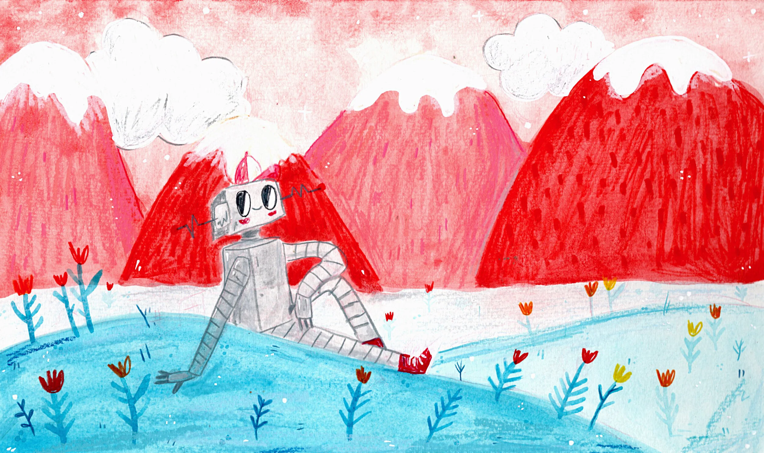 A colorful children's drawing features a friendly robot with big black eyes, sitting on blue grass surrounded by small red and yellow flowers, with red mountains and white snow peaks in the background, and fluffy white clouds in a pink sky.