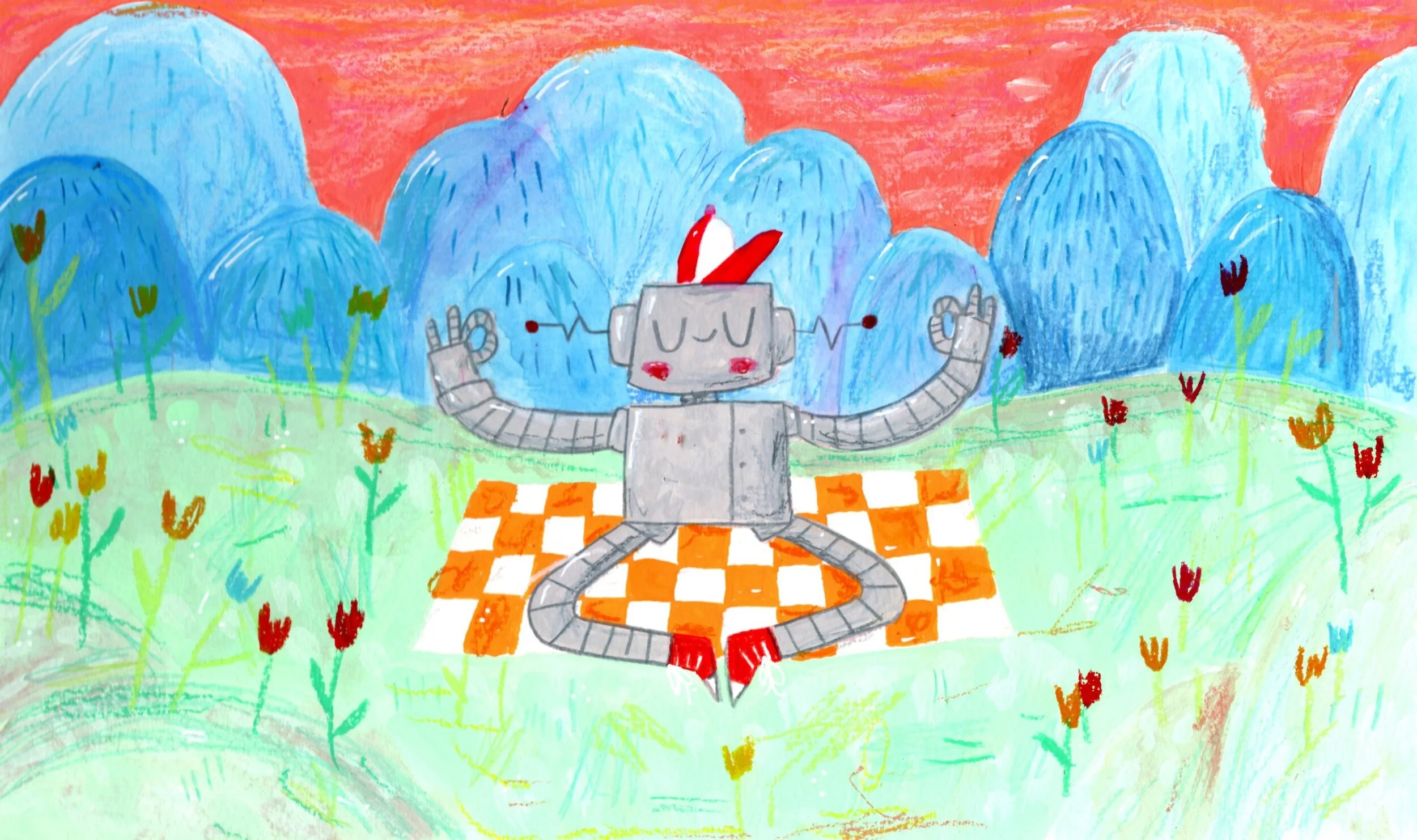 Children's drawing of a robot with closed eyes, sitting cross-legged on a checkerboard mat outdoors surrounded by flowers and blue trees, with a pink sky in the background.