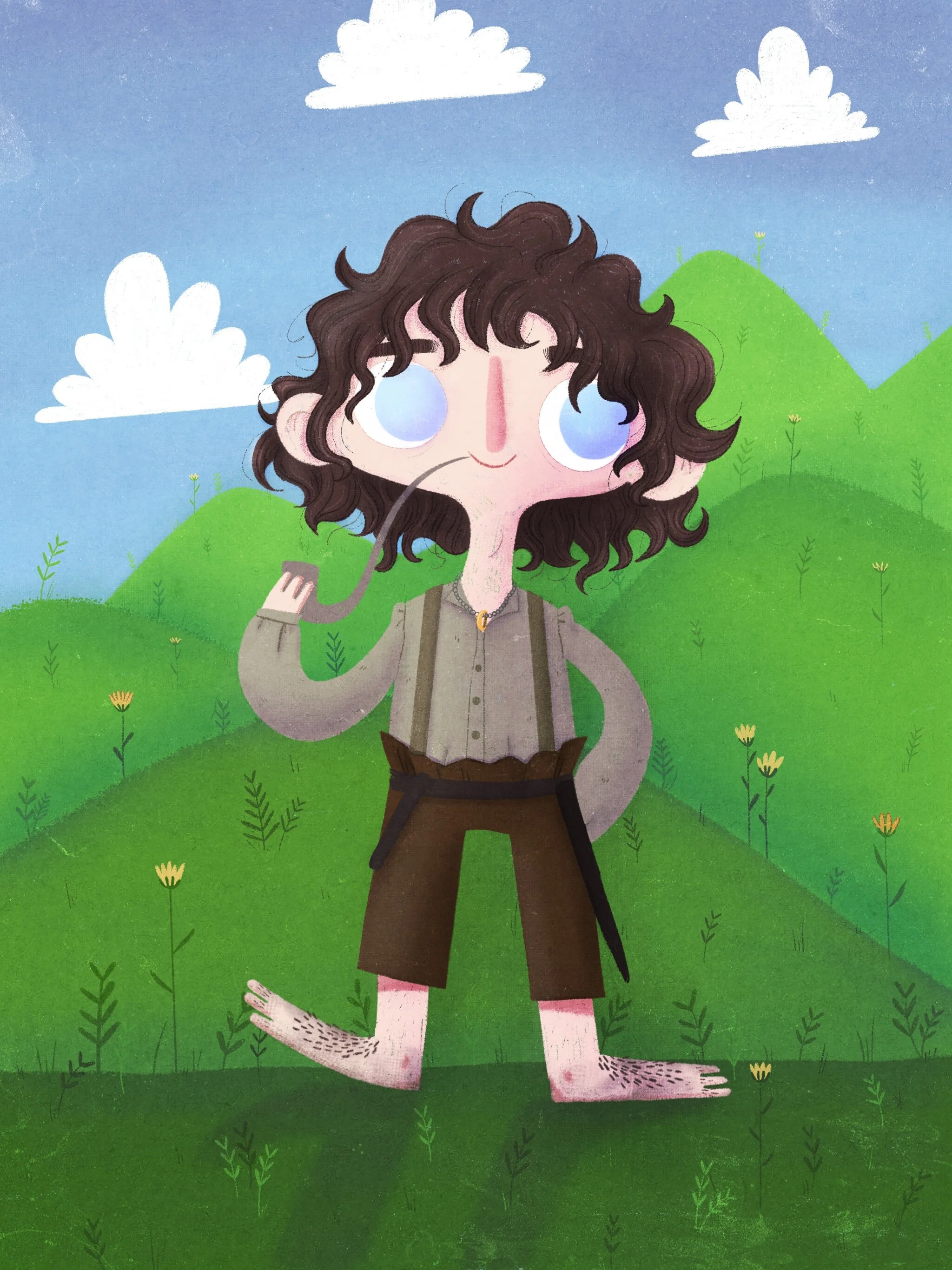 Cartoon character with curly brown hair, wearing a beige shirt, brown shorts, and suspenders, standing outdoors on green grass with hills and yellow flowers, smoking a pipe, under a blue sky with white clouds.