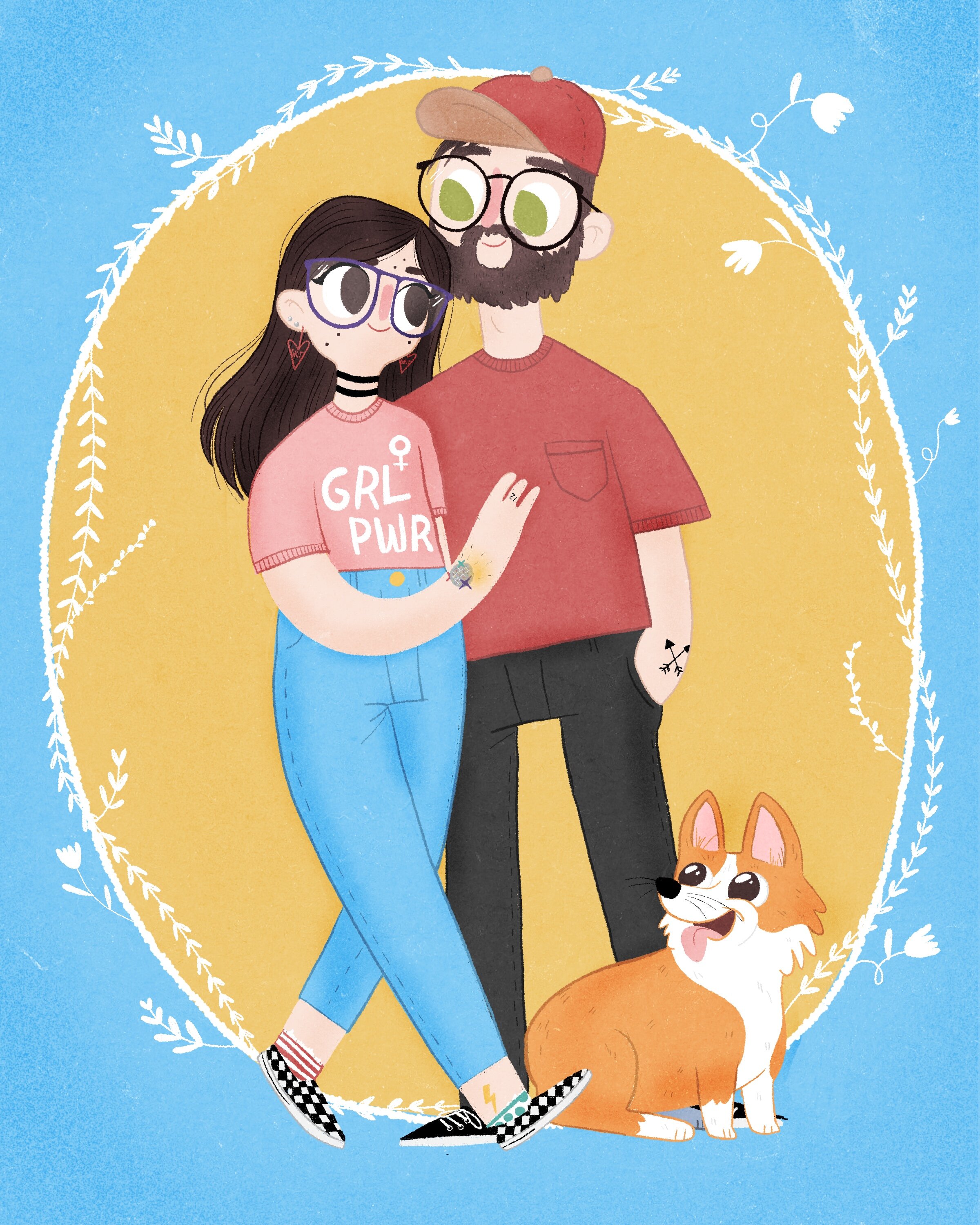 A cartoon illustration of a young woman with long dark hair, wearing a pink 'GIRL PWR' t-shirt, blue jeans, Vans shoes, and glasses, standing close to a young man with glasses, a beard, red t-shirt, and black pants. They are both smiling with the wom