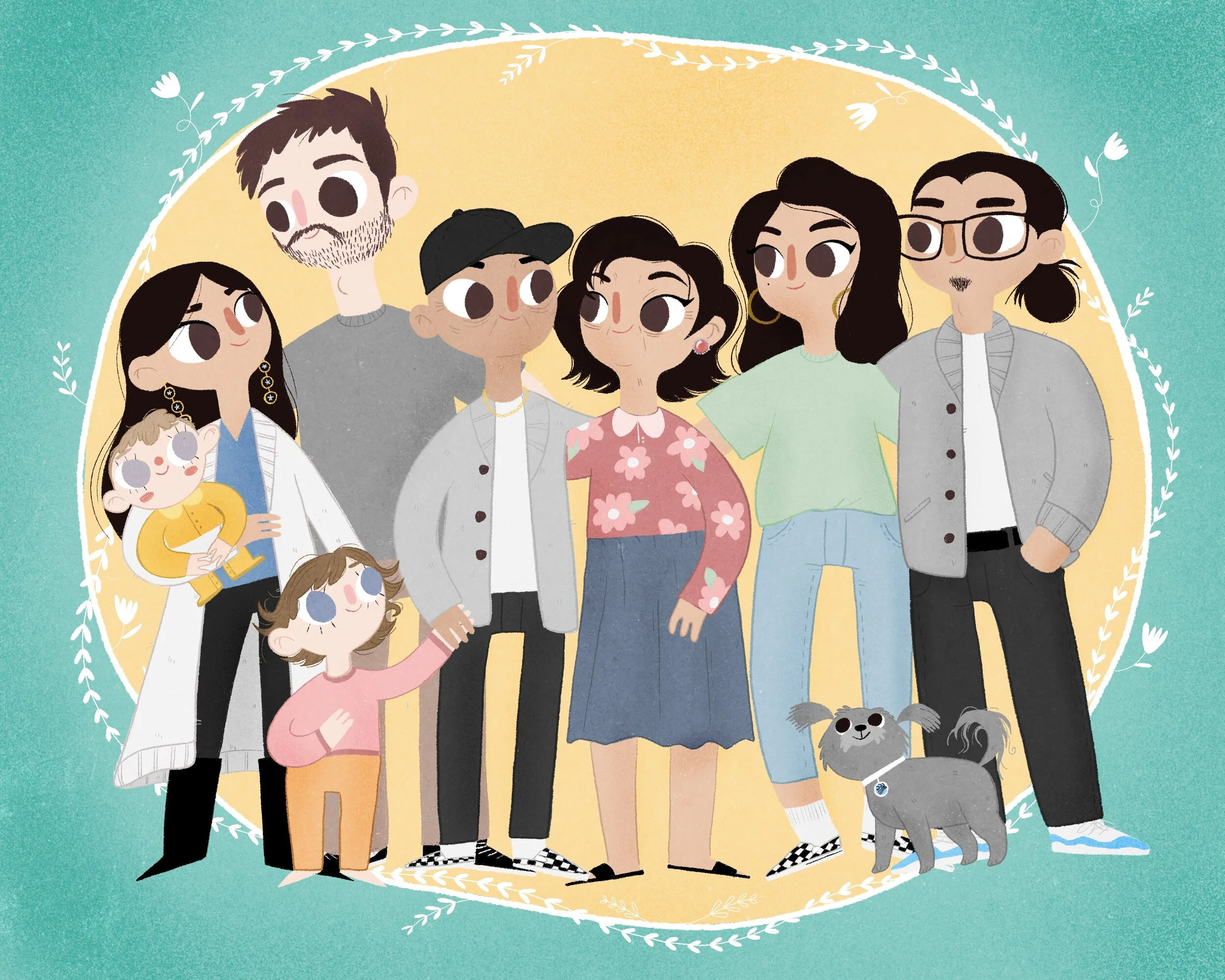 An illustrated diverse family of eight, including children and adults, posing together with a dog, set against a decorative circular background with floral motifs.