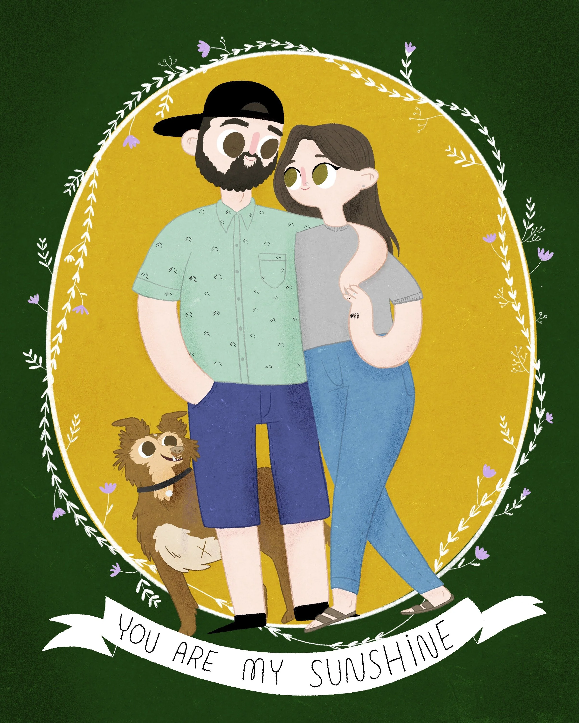 A cartoon illustration of a couple with a dog, standing inside a decorative oval frame. The man has a beard, wears a black cap, a green patterned shirt, and blue shorts. The woman has long brown hair, wears a grey off-shoulder top and blue jeans. The