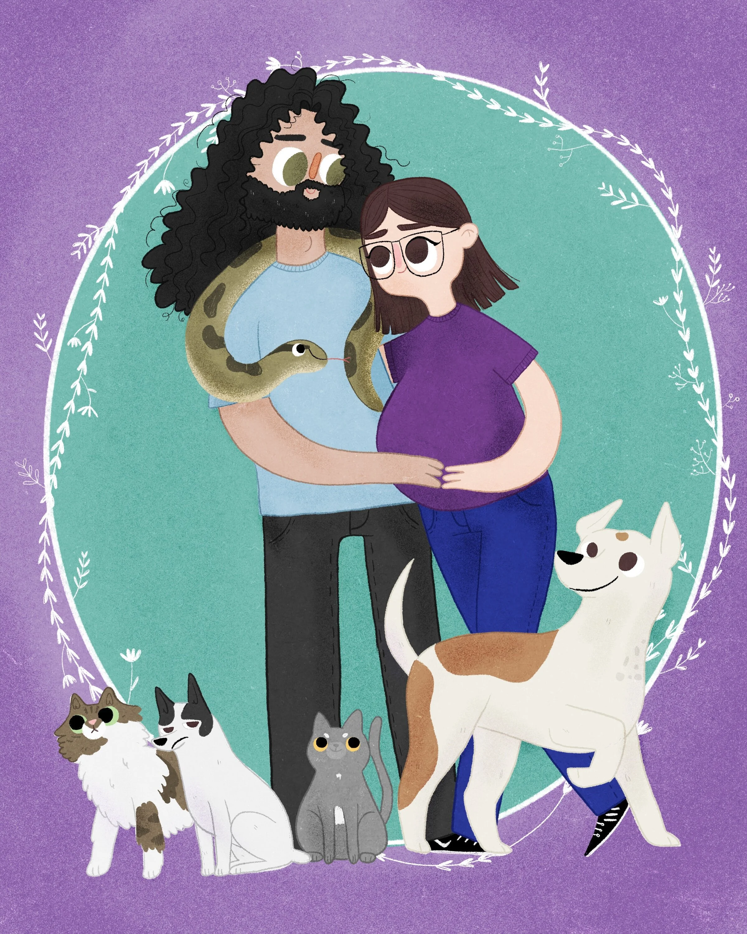 Illustration of a pregnant woman and man with animals including a snake, a white dog, a cat, a gray cat, and a large dog, set against a purple and green background.