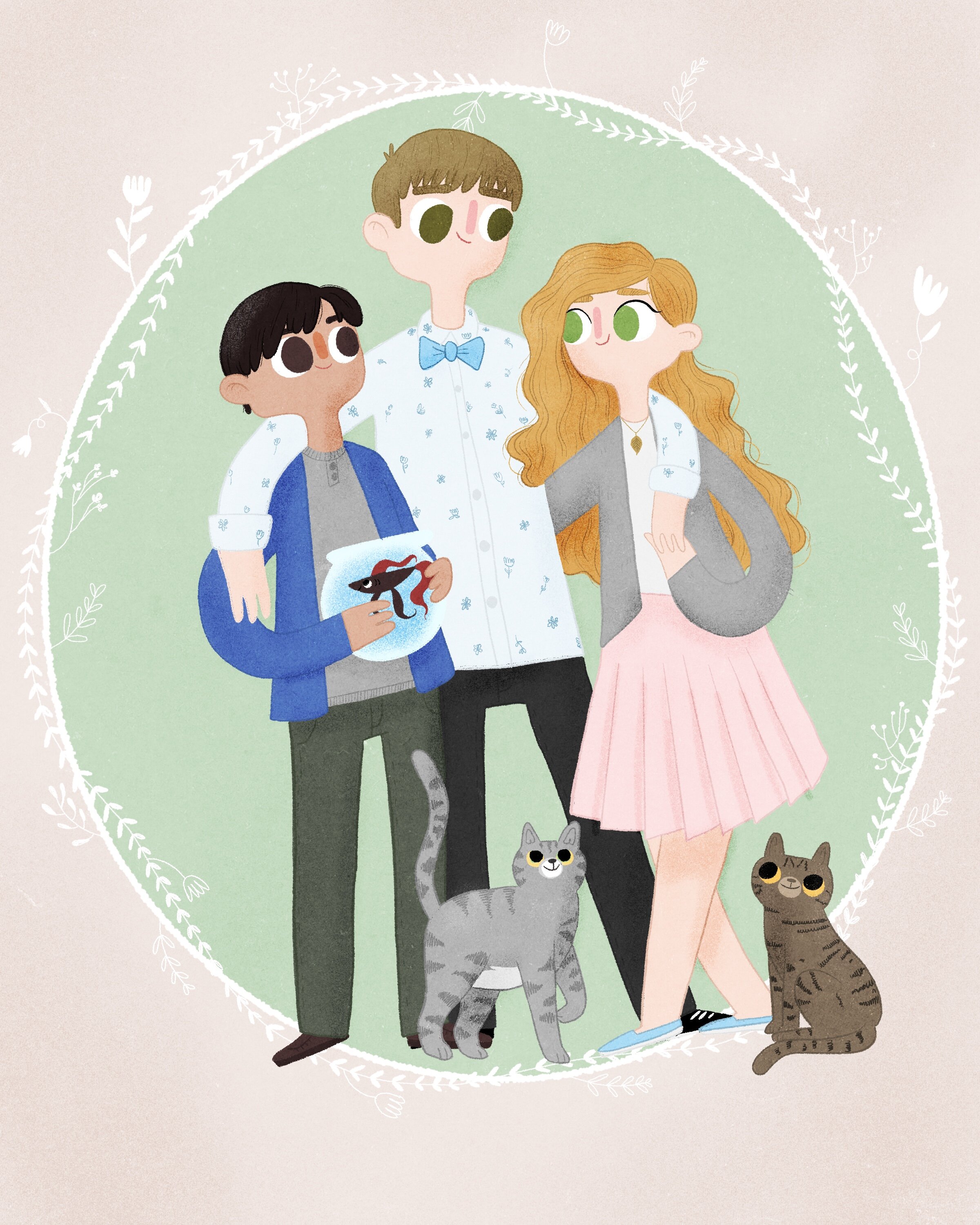 Illustration of three young people with two cats and a fish bowl, standing together against a green background with a white decorative border.