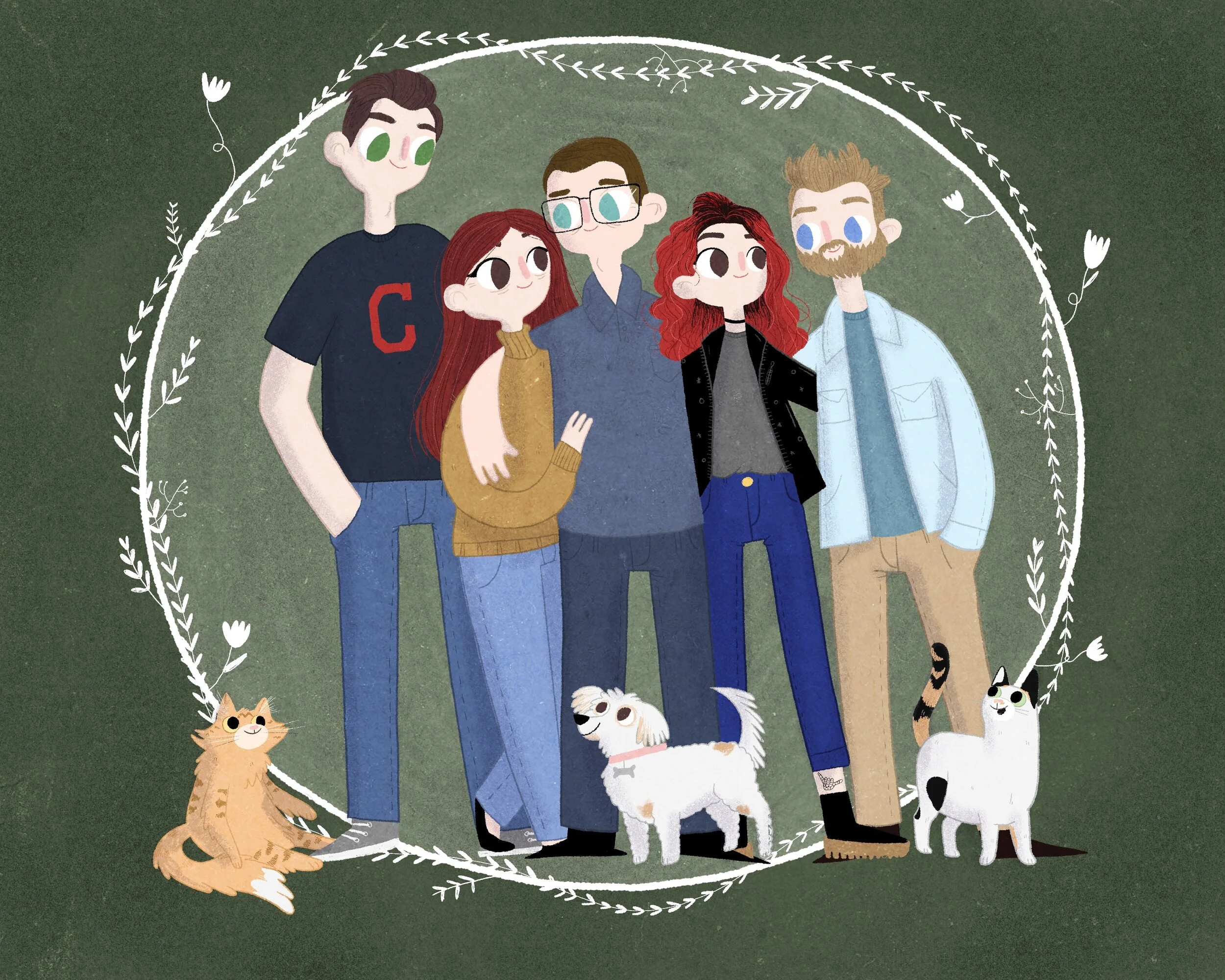 A digital illustration of five people standing together, with three dogs and a cat. They are surrounded by a decorative, oval-shaped floral border on a green background.
