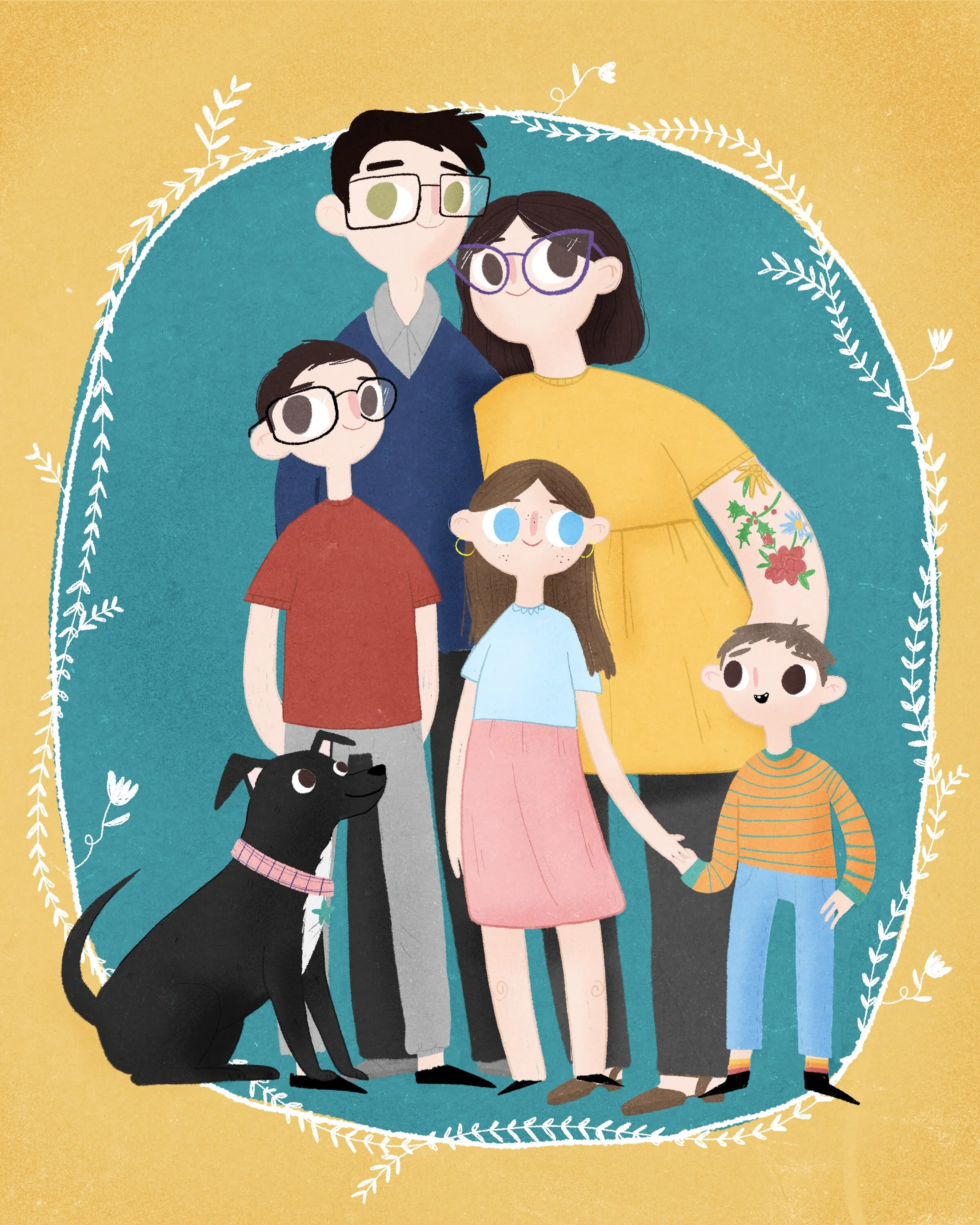 Illustration of a family portrait, featuring six family members and a black dog, all with cartoon-style features and colorful clothing, set against a vibrant background with white decorative foliage.