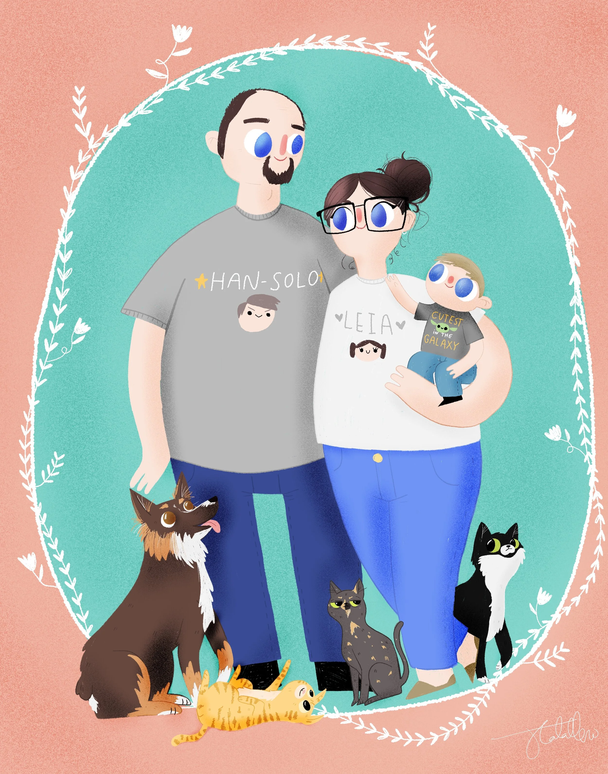 Digital illustration of a family of three with their five pets, including a dog and four cats, in front of a decorated circular backdrop with a pink outer background. The family includes a man, woman, and a young girl, all wearing graphic T-shirts wi