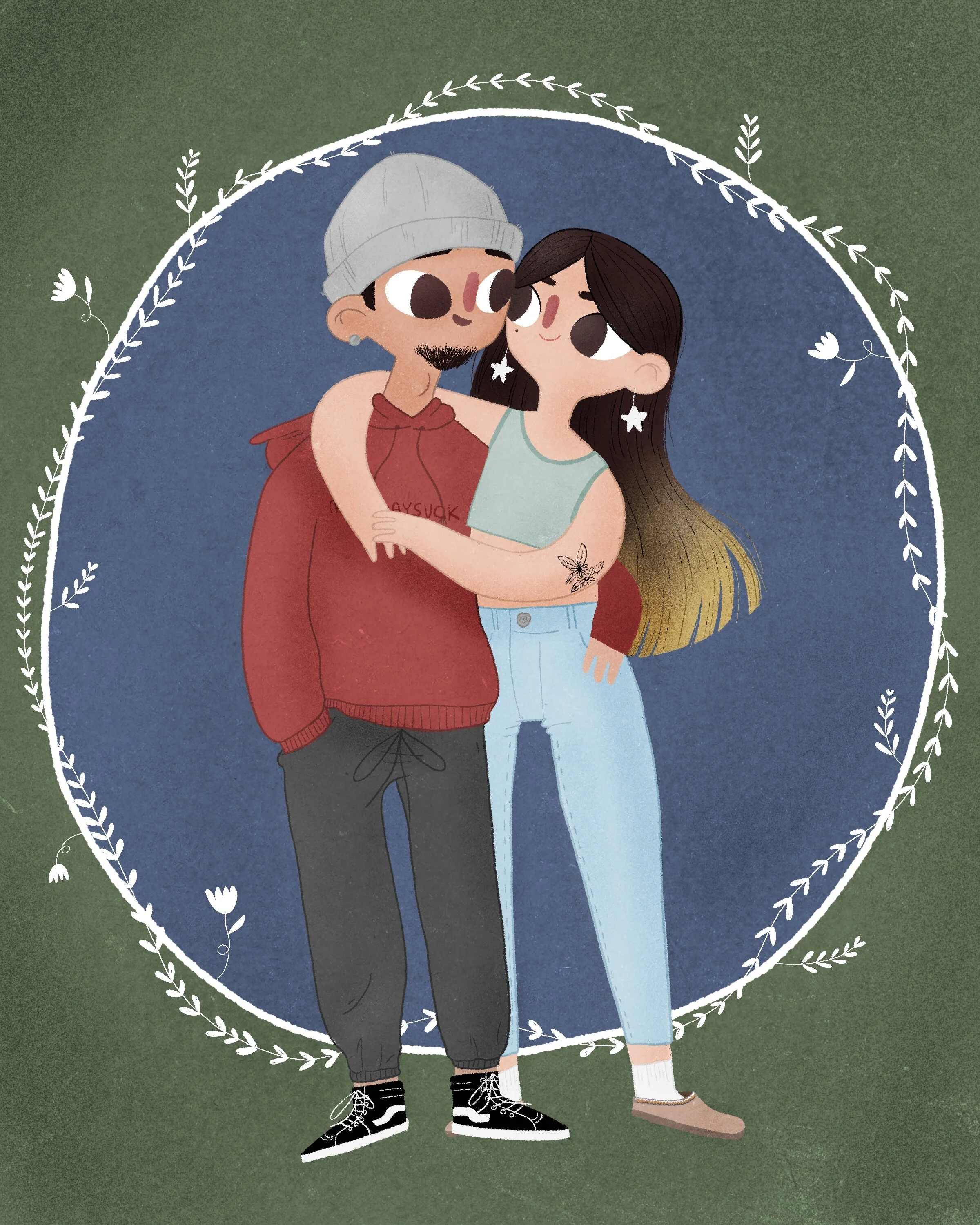 A digital illustration of a happy couple embracing each other. The man has a beard, wears a gray beanie, a red hoodie, dark pants, and black sneakers with white accents. The woman has long brown hair with yellow tips, wears a sleeveless mint green to