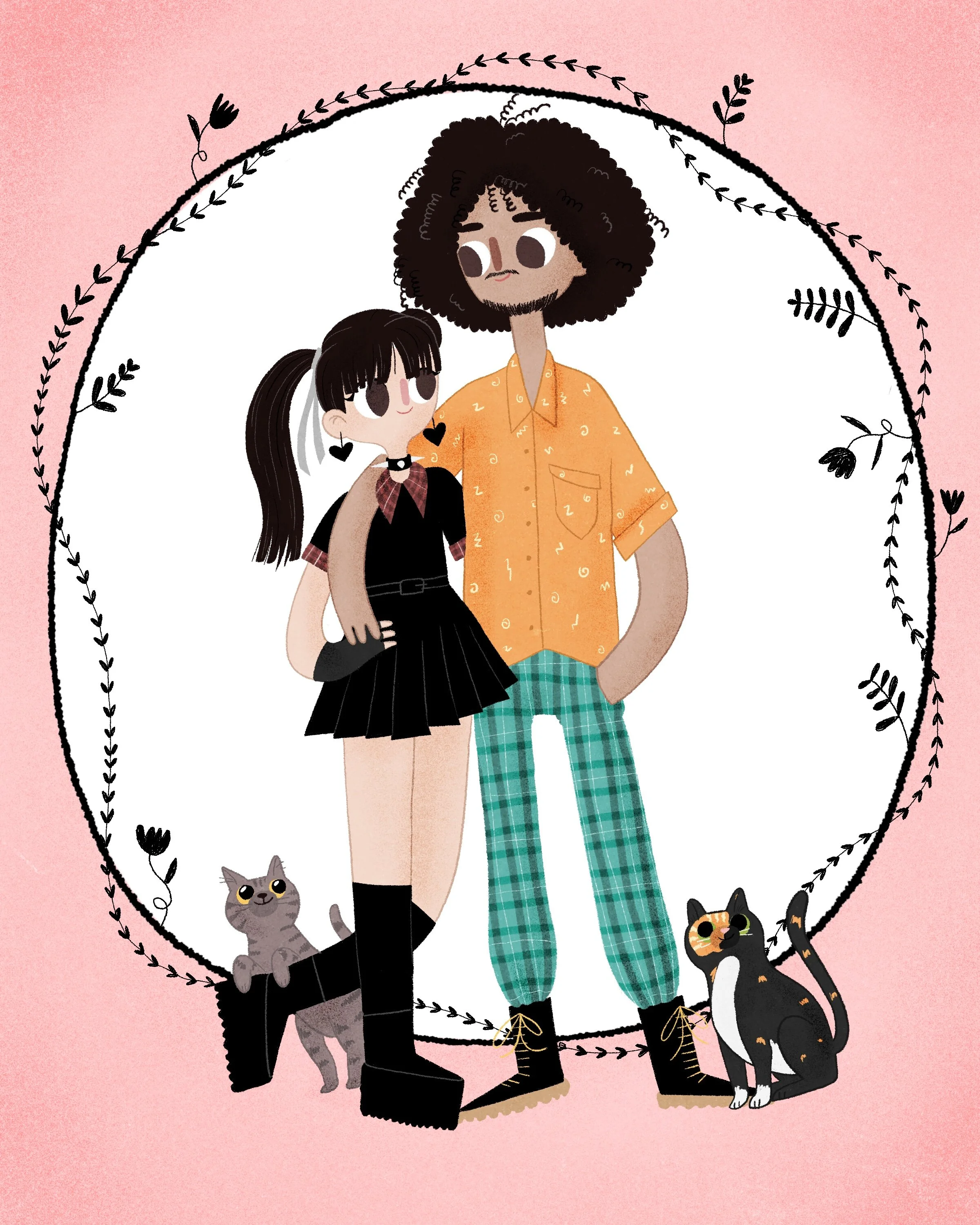 An animated drawing of a young woman and a man standing together, surrounded by a circular border of black leafy vines, with two cats at their feet, on a pink background.
