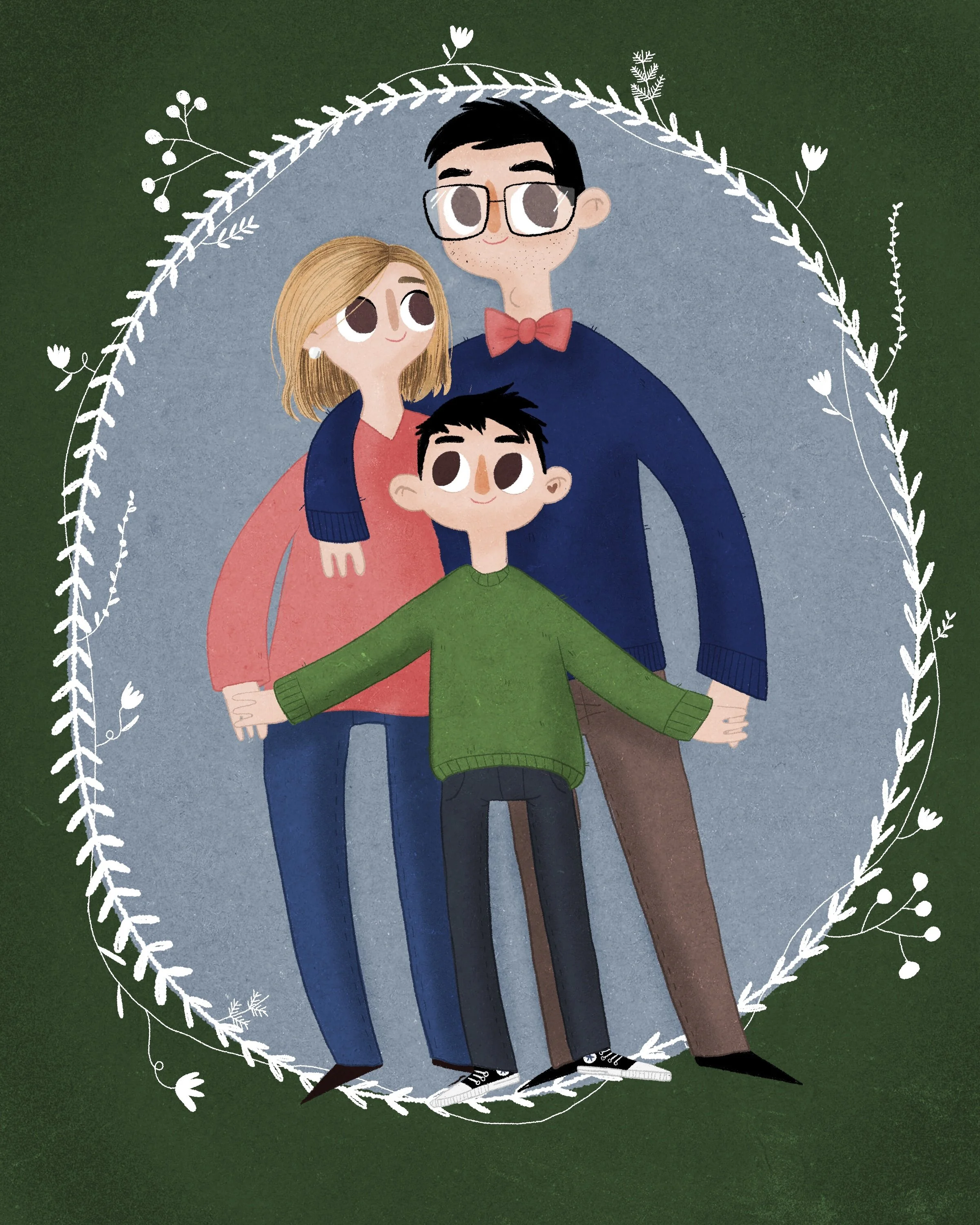 A cartoon family of three standing closely and holding hands, with a decorative white botanical border on a green background.