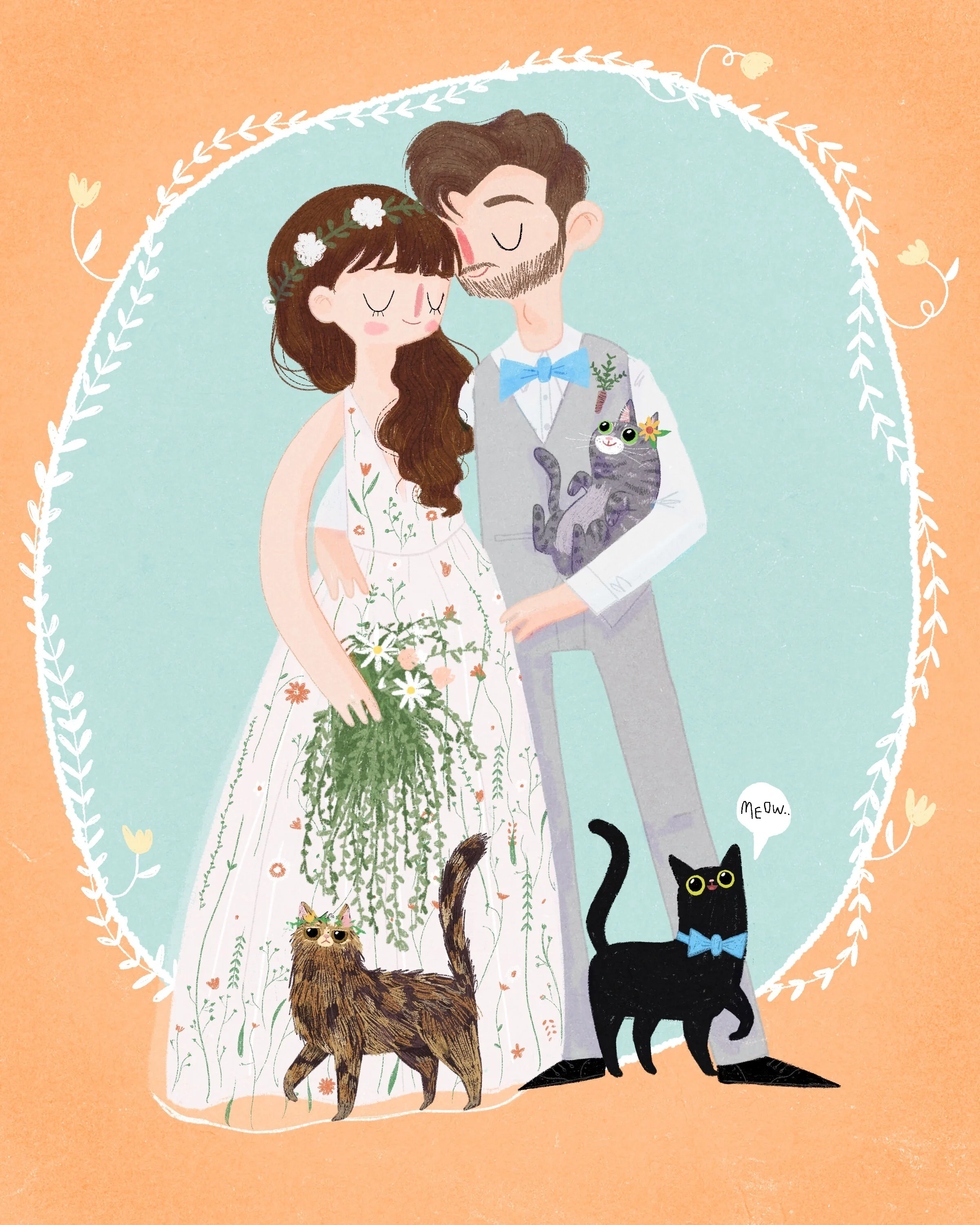 A cartoon of a bride and groom with three cats. The bride is in a floral dress, holding a bouquet of flowers, with brown hair and a flower crown. The groom in a gray vest with a blue bow tie, has a beard, and is holding a gray cat with flowers. Two a