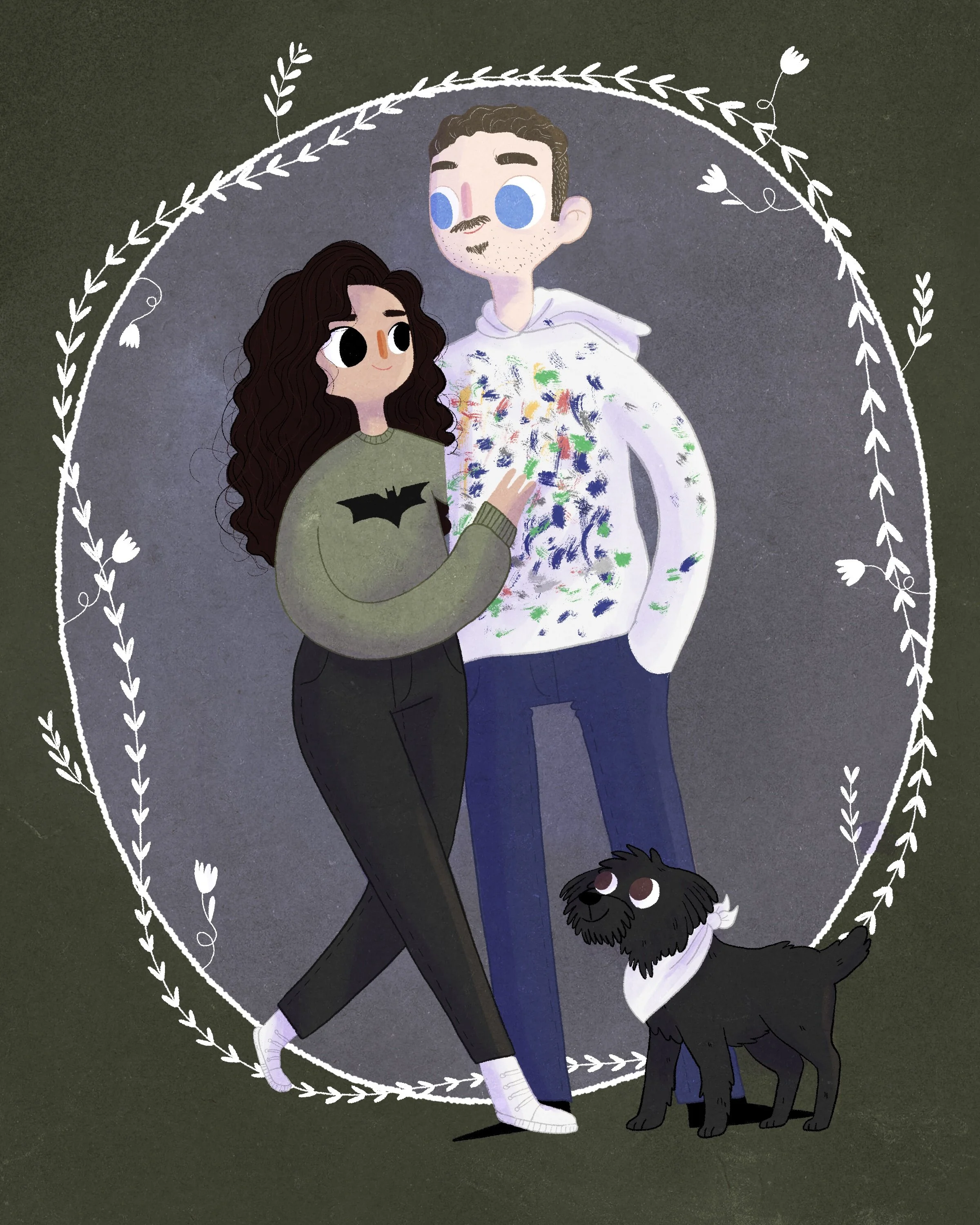 An illustrated couple standing together inside a decorative floral border, accompanied by a black dog with a white chest, all on a dark background.