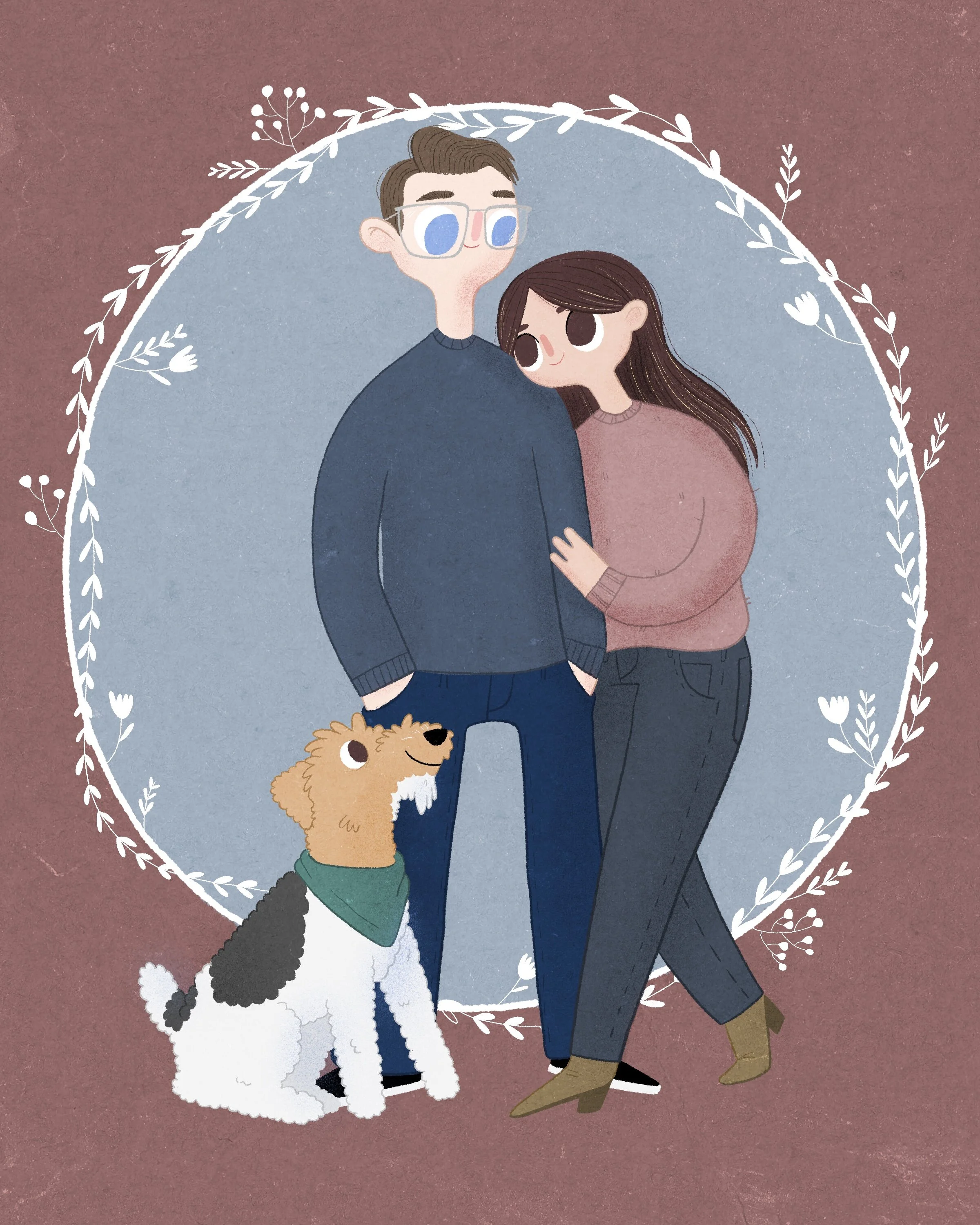 An animated illustration of a couple with a dog, standing close together inside a decorative floral frame with a brown background.