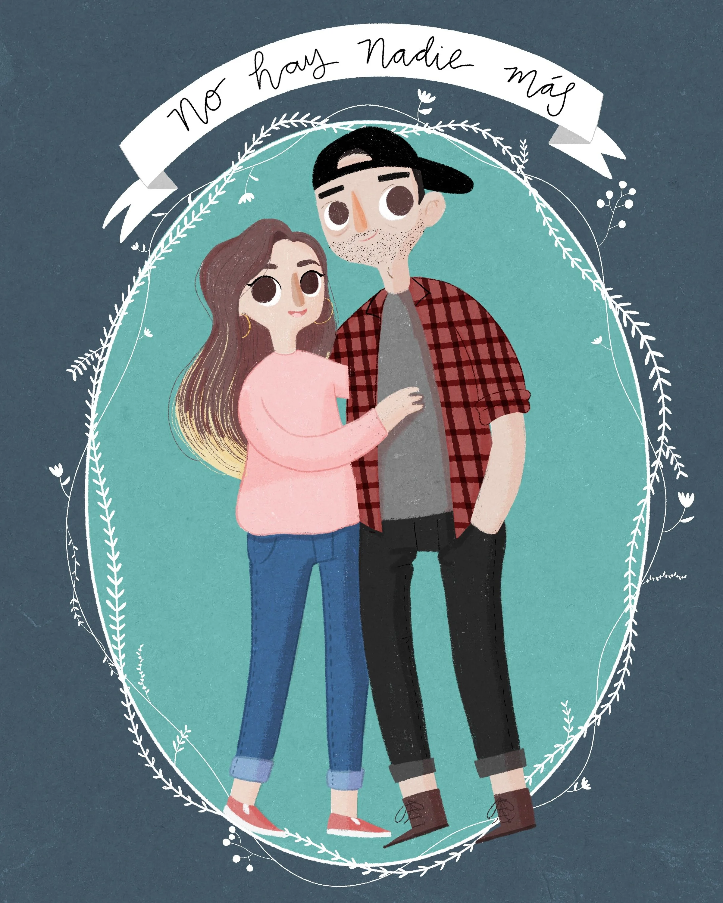 A digital illustration of a young couple standing close together, surrounded by a white decorative border and a banner with the phrase 'No hay Nadie más' written in cursive.