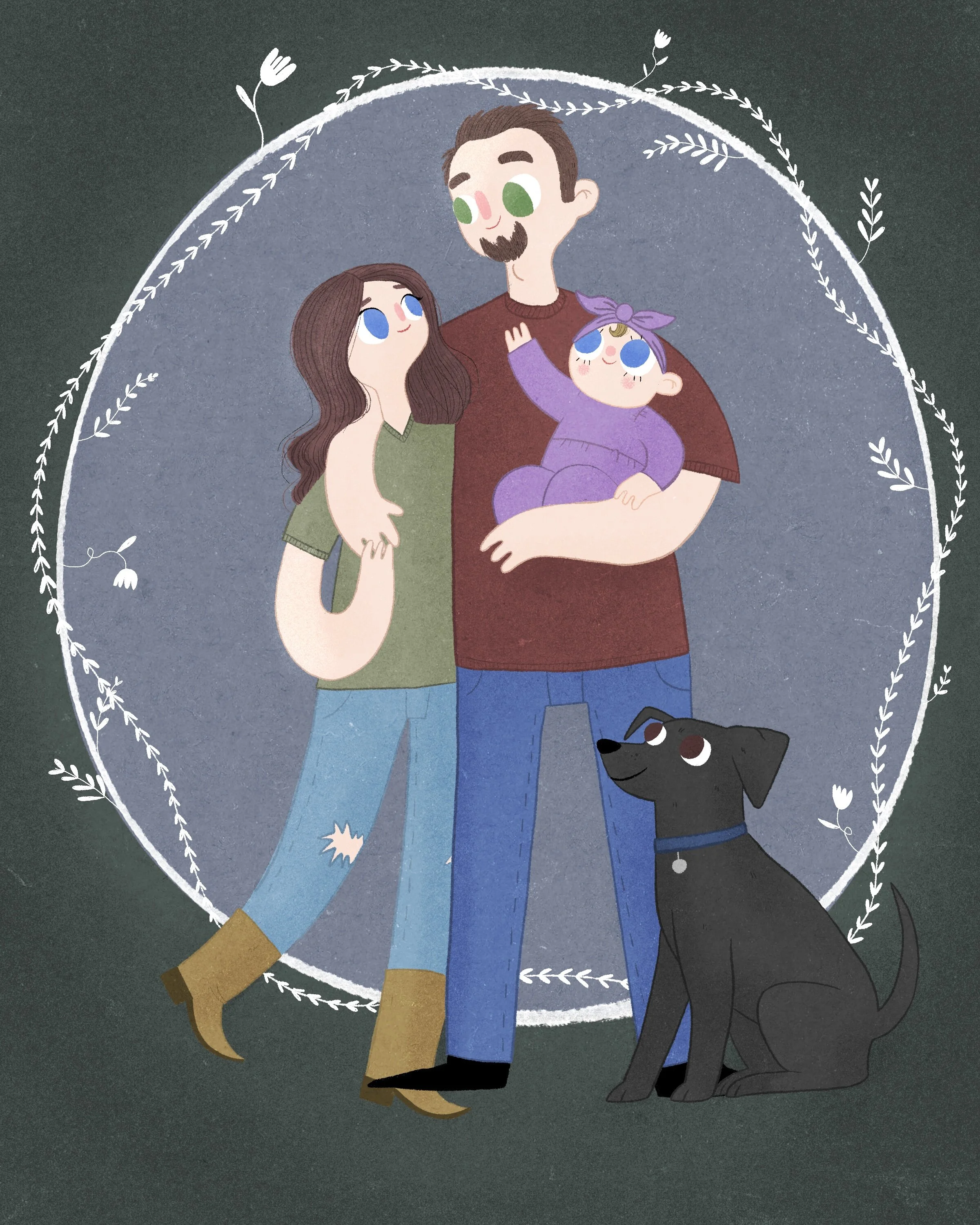 Illustration of a family with a man, woman, and two children, accompanied by a black dog, all standing within a decorative white circle with floral accents.