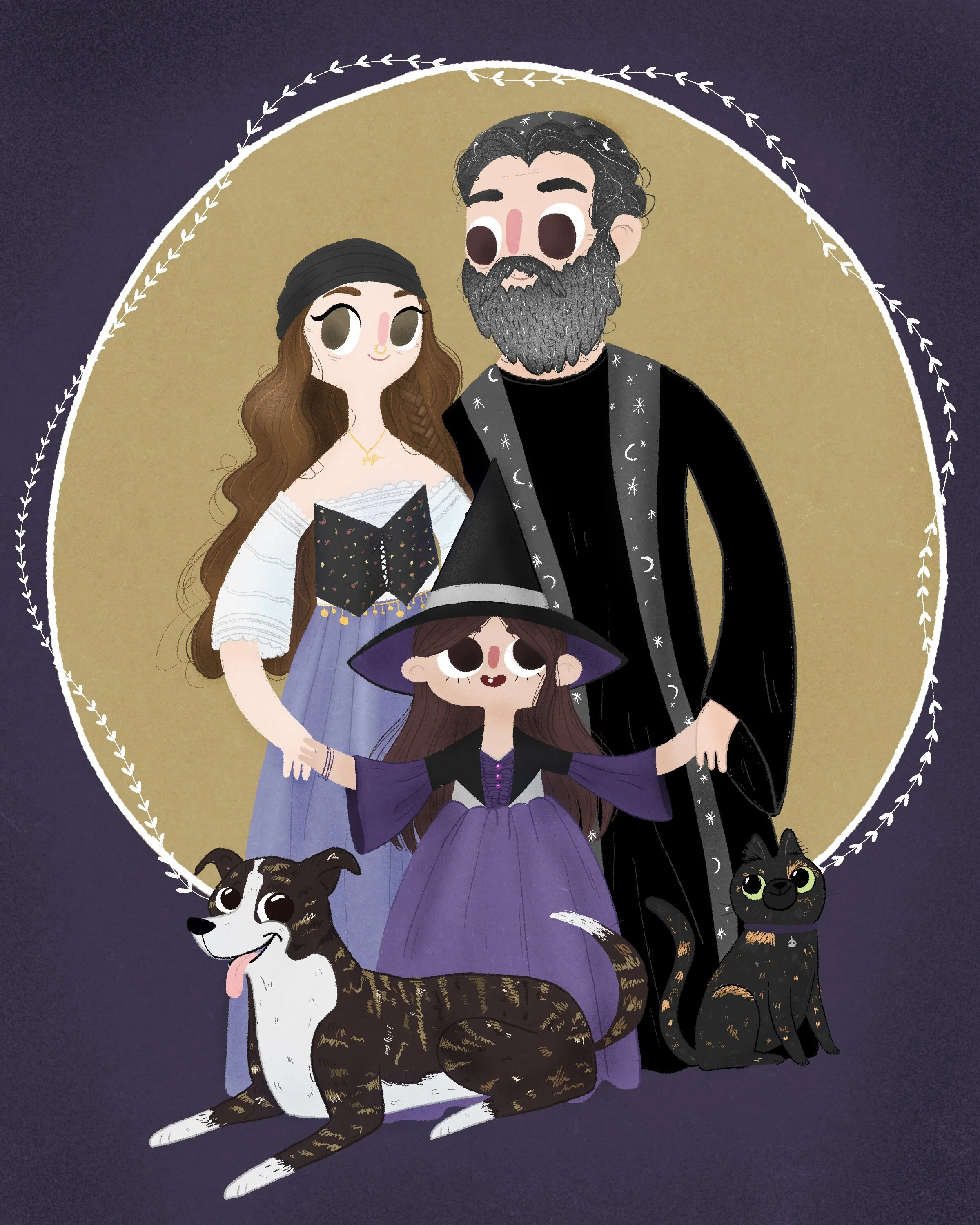 An illustration of a family with a woman, a man, a girl dressed as a witch, a dog, and a black cat, all within a decorative circular frame with a purple background.