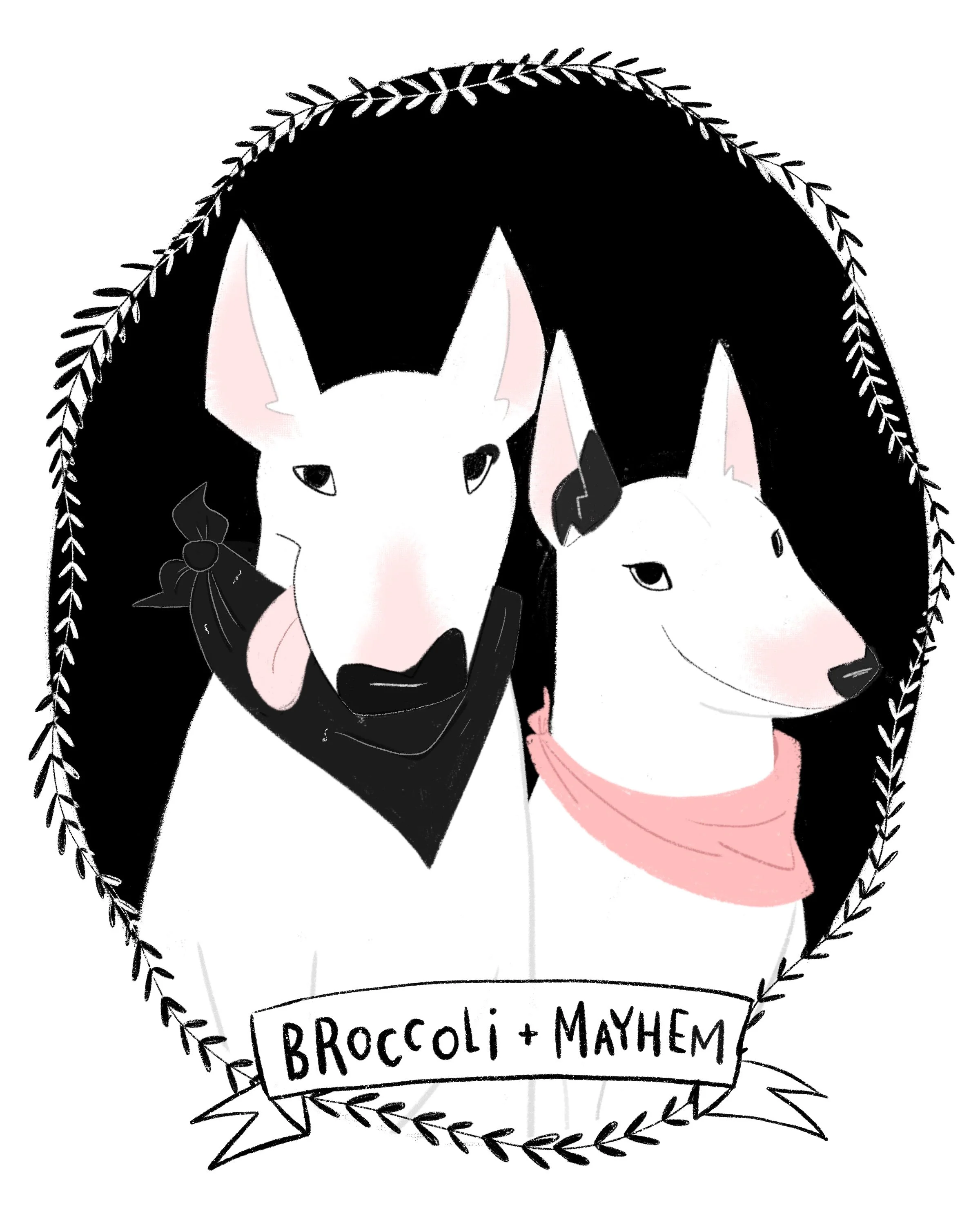 An illustration of two white dogs with black markings, one with a bandana and the other with a pink scarf, inside a circular decorative border with the text "Broccoli + Mayhem" below them.