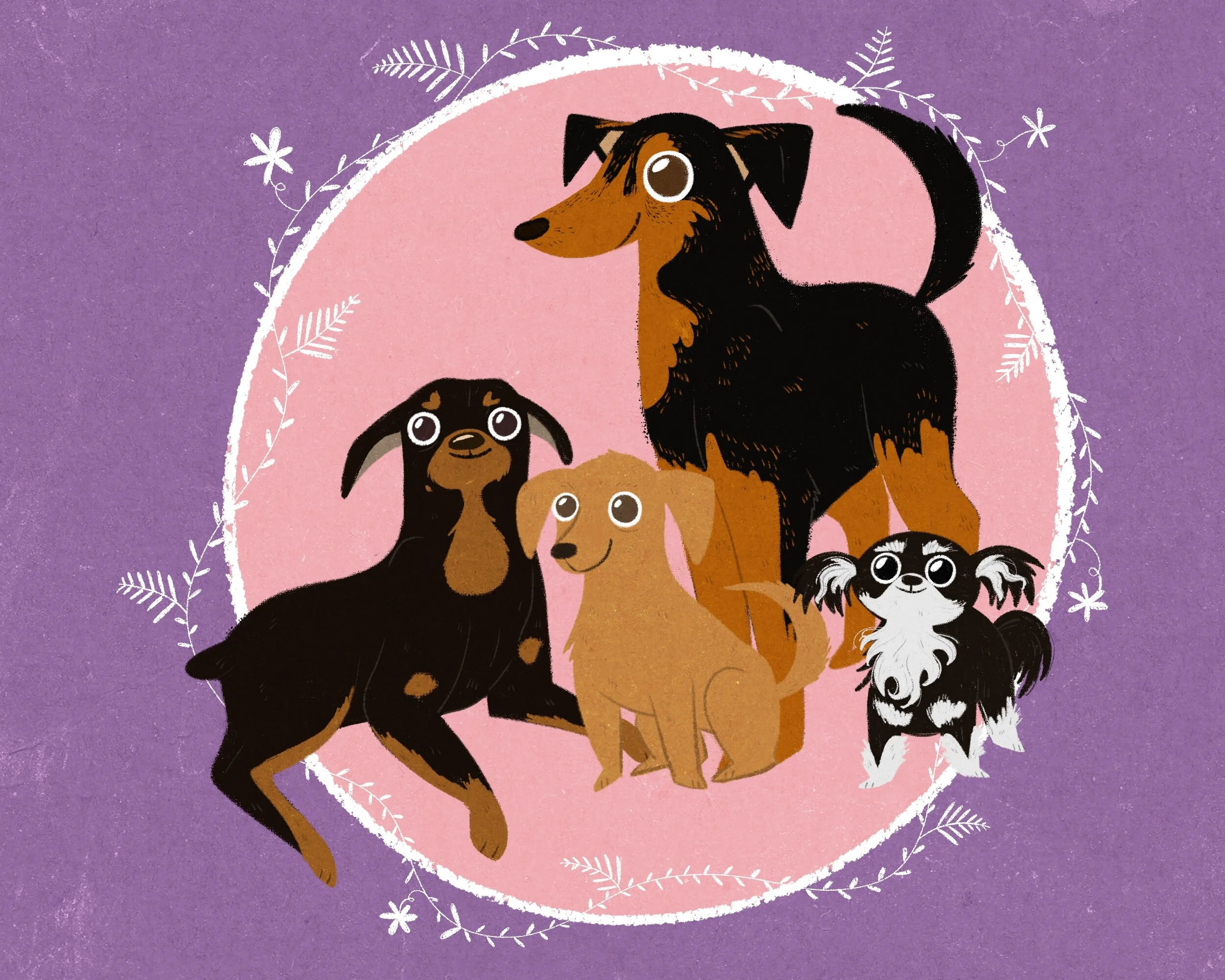Illustration of five cartoon dogs with big eyes, set against a pink circle with purple background and white floral decorations.
