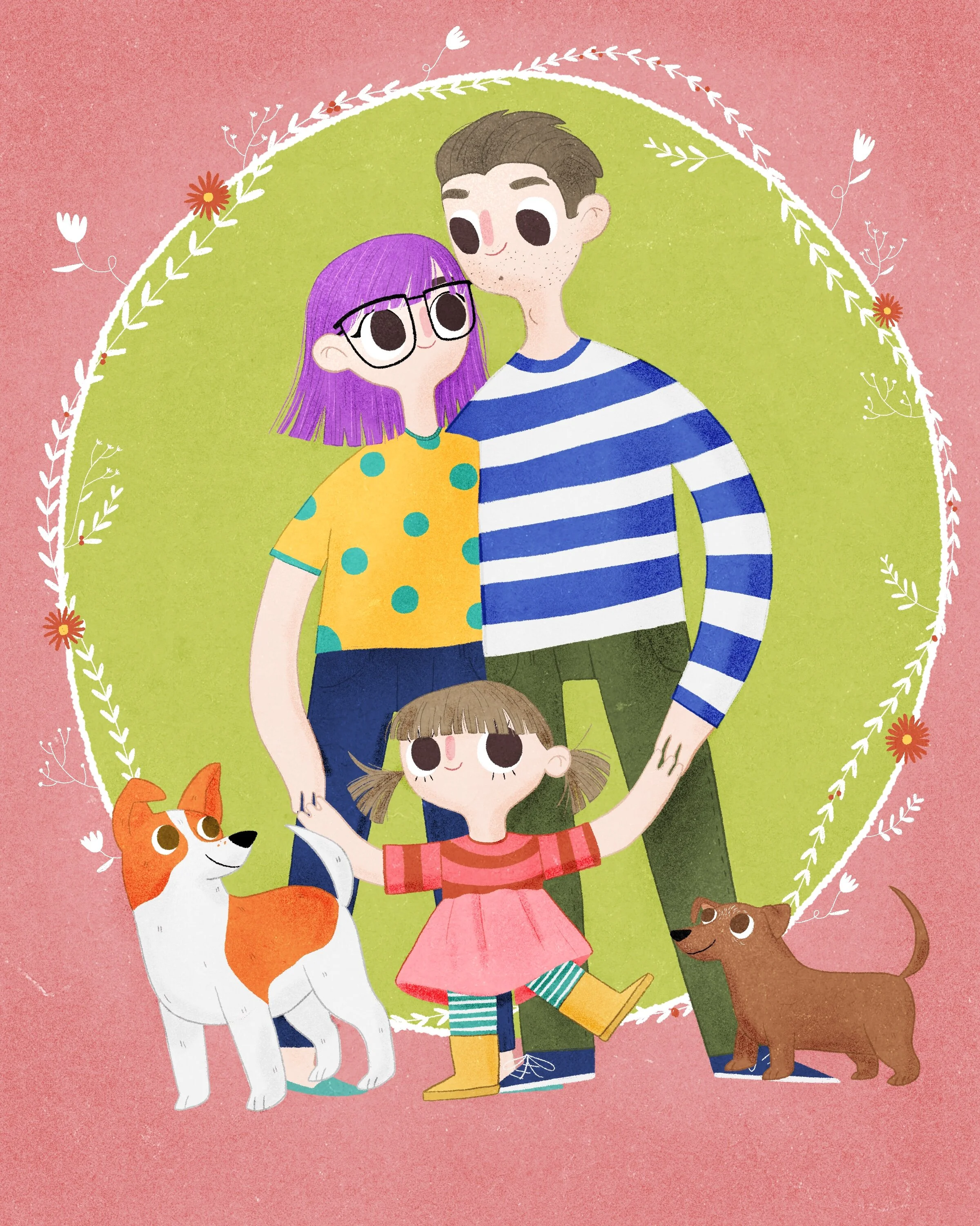 A colorful illustration of a family of three with two dogs, standing inside a green circle with a pink background and floral borders. The family includes a woman with purple hair and glasses, a man in a striped shirt, and a young girl in a red dress 