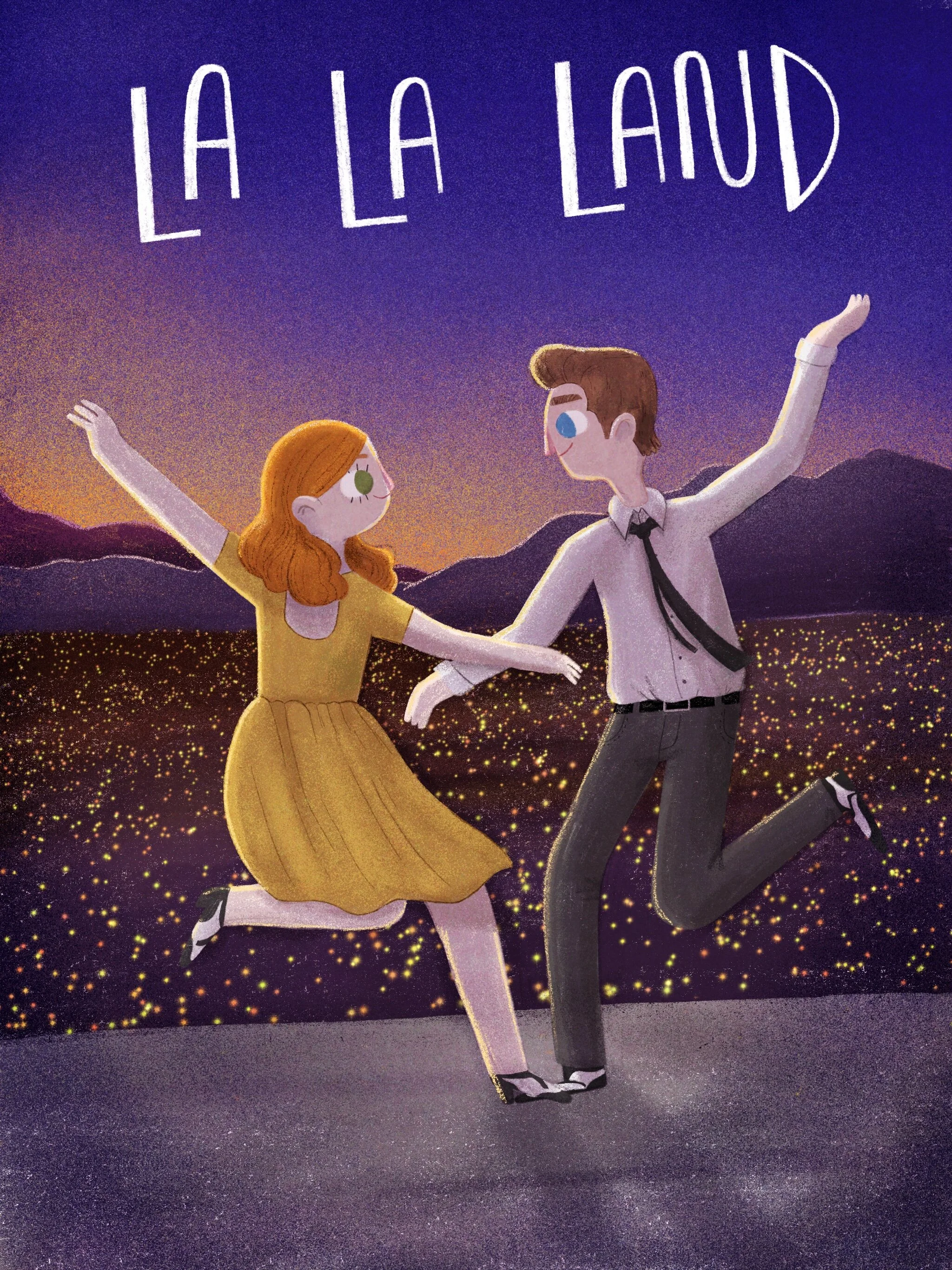 Illustration of a girl and a boy dancing at sunset with a cityscape and mountains in the background, and the words 'La La La La La La' written overhead.