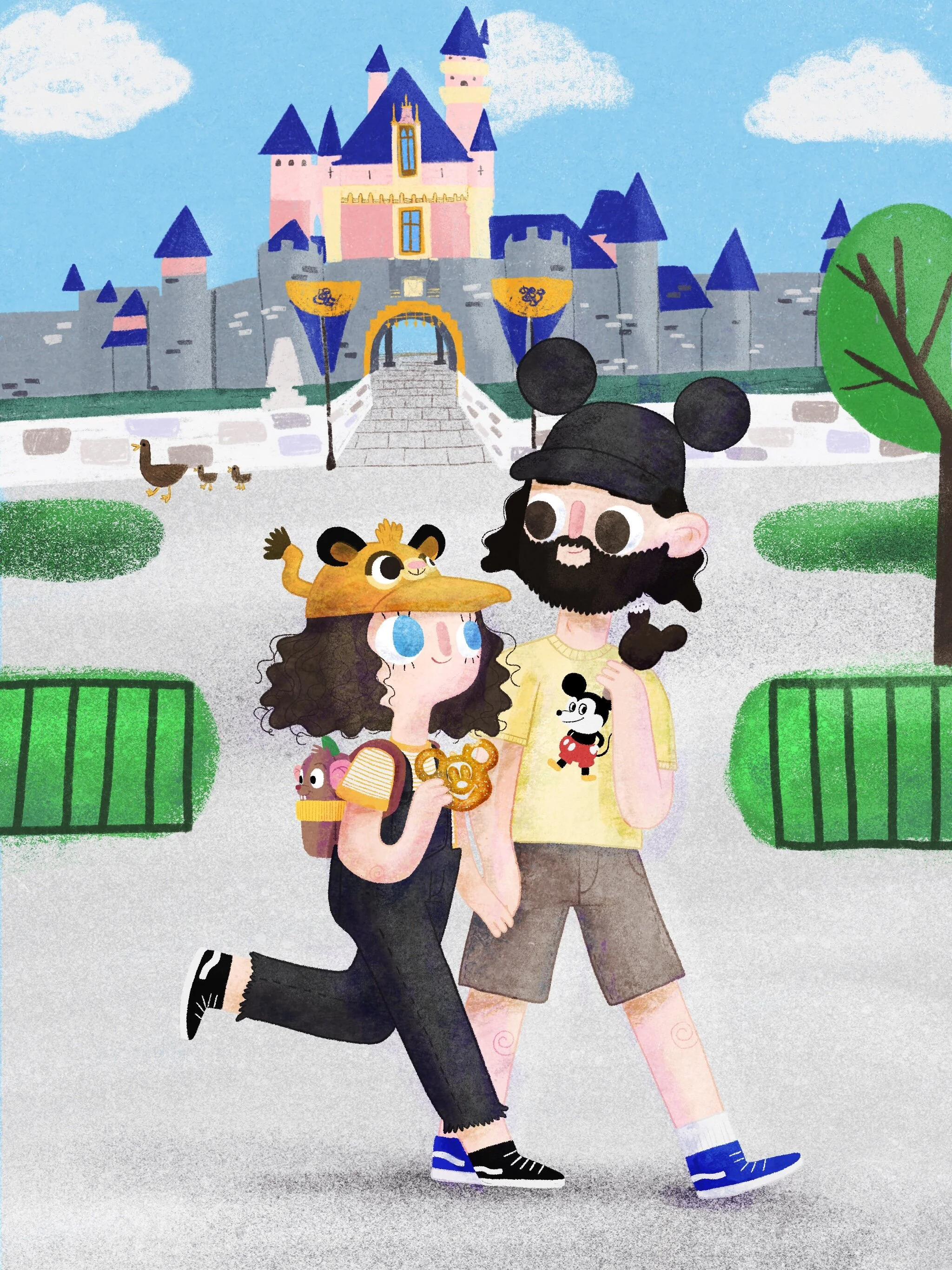 A cartoon illustration of a couple holding hands and walking in front of a castle. The girl wears a fun animal hat with bear and tiger ears, has curly hair, big blue eyes, and a backpack with pink bunny ears. The boy has a beard, wears glasses, a Mic