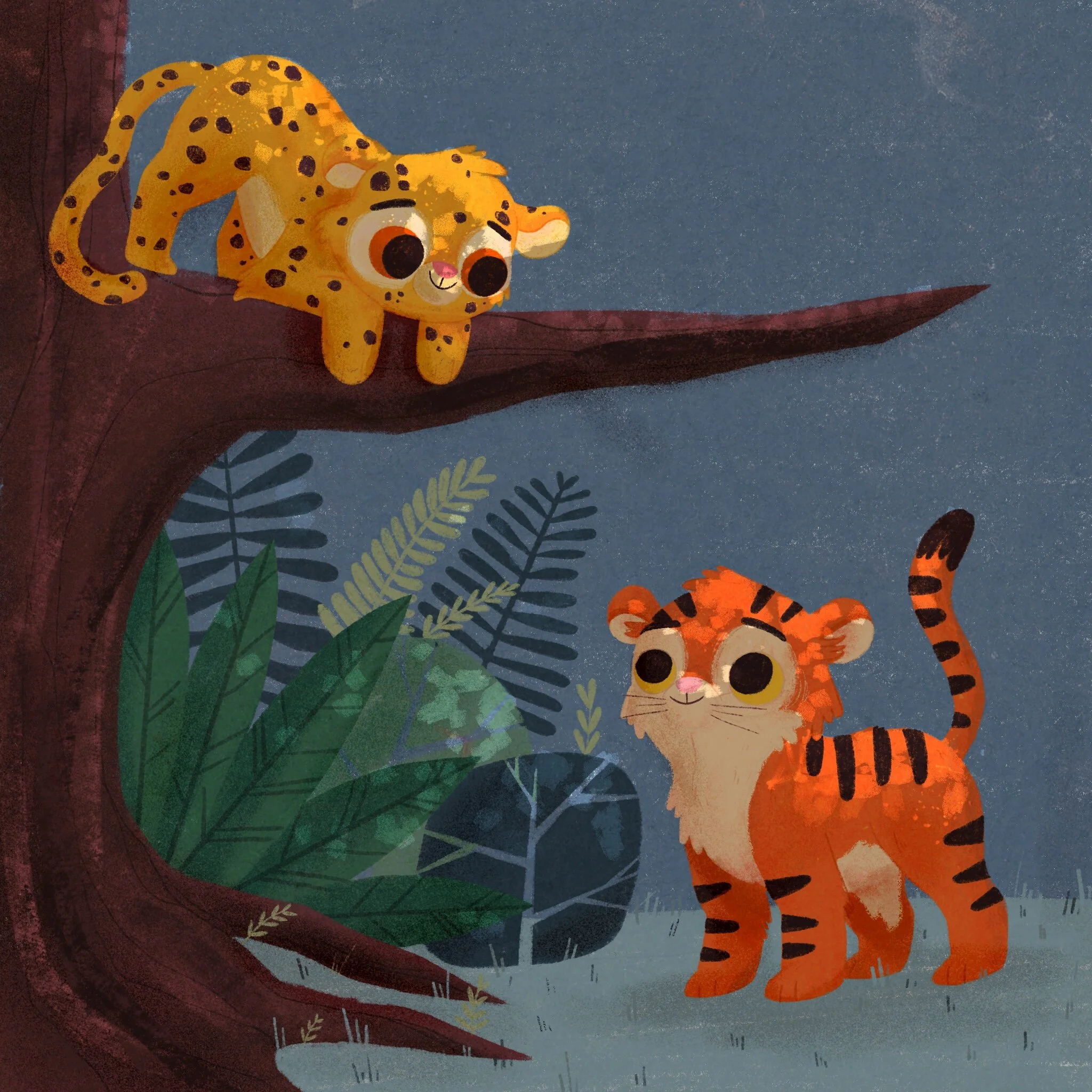 Cute cartoon tiger cubs in a forest, one on a tree branch and the other on the ground, surrounded by green foliage.