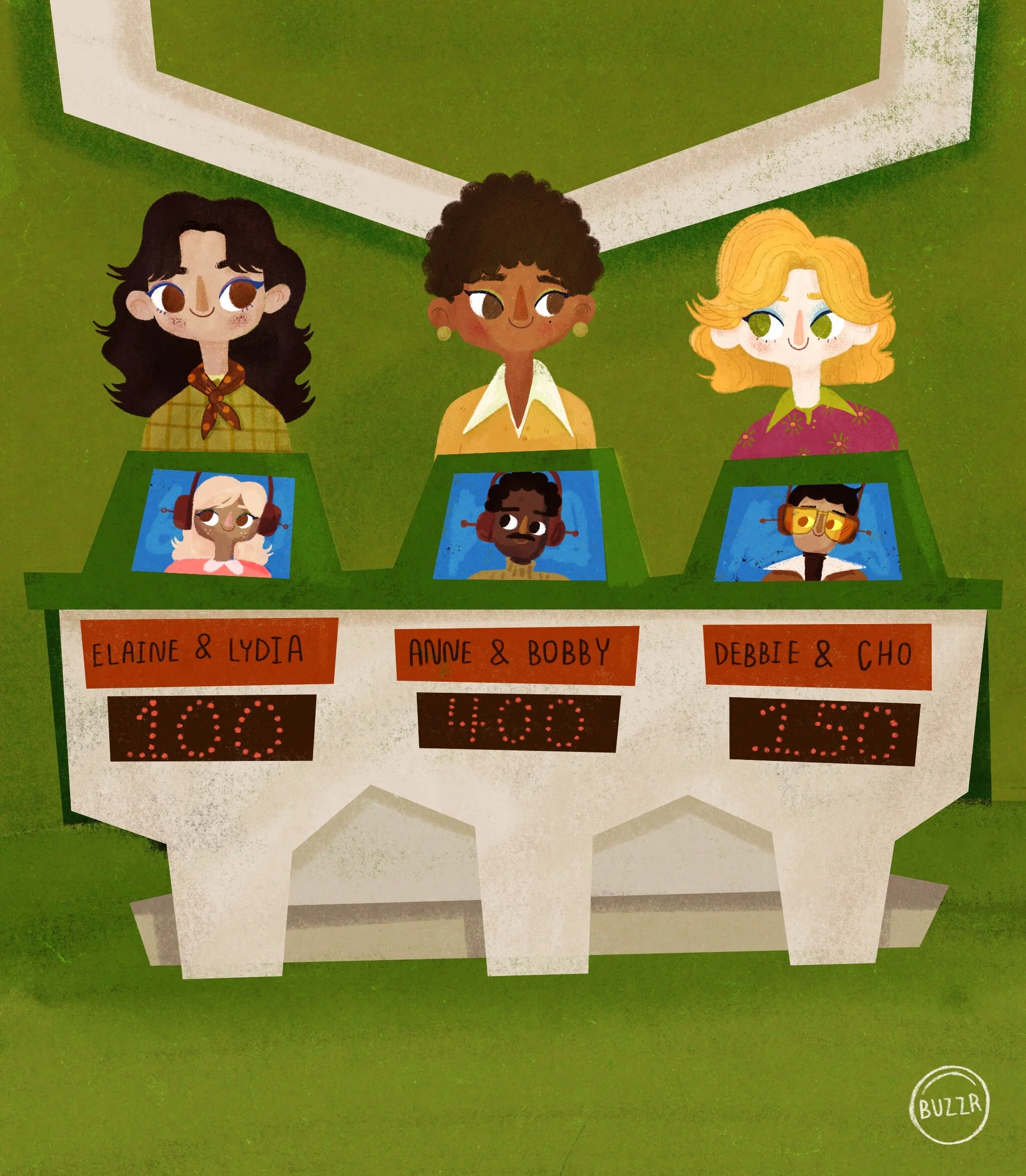 Animated illustration of a game show with three female contestants at the podium, each with a digital display showing scores of 100, 400, and 135. The contestants are named Elaine & Lydia, Anne & Bobby, and Debbie & Cho, and they are shown in profile
