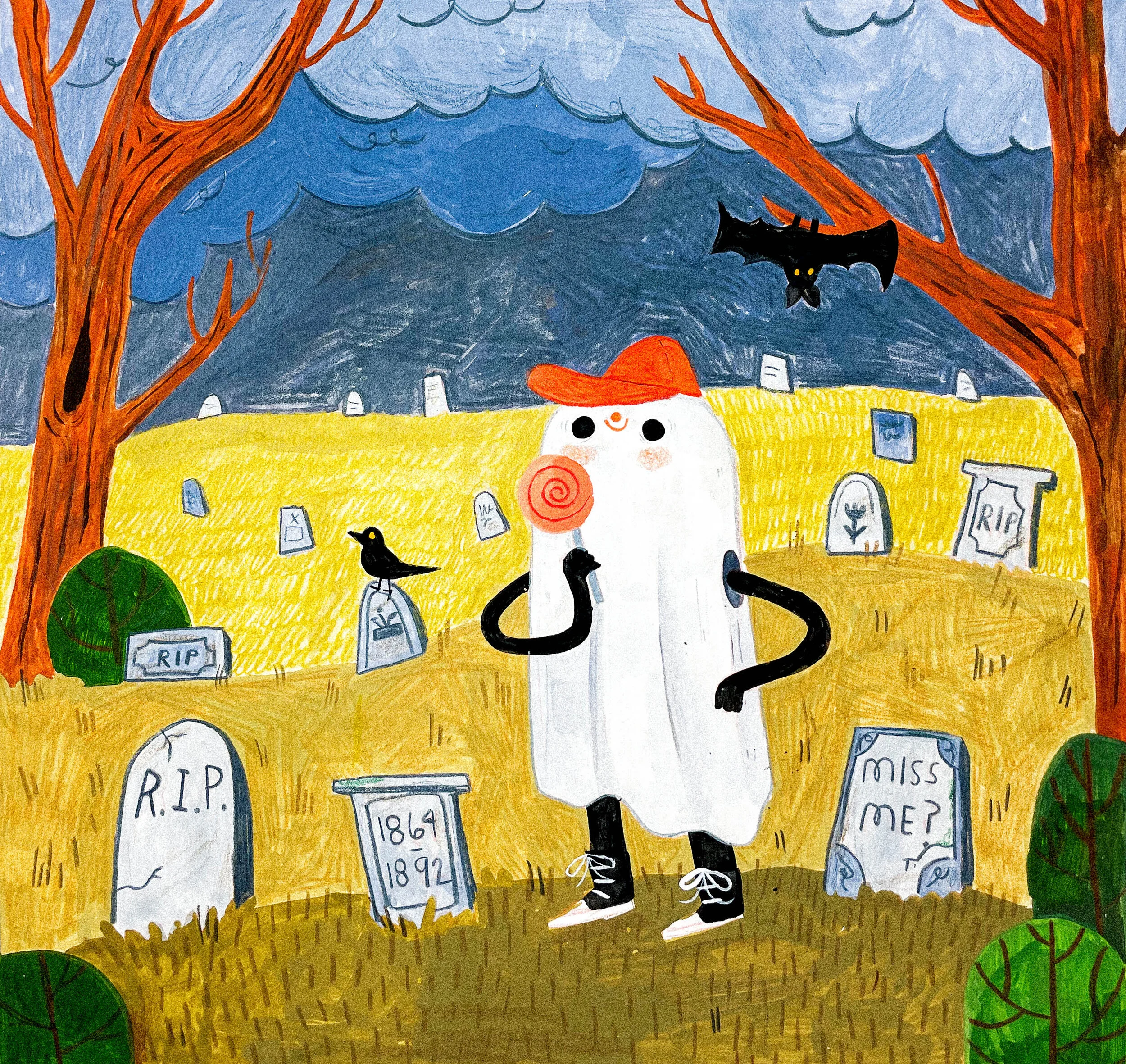 A cartoon ghost wearing a red hat and sneakers standing in a graveyard with tombstones and leafless trees, dark clouds, a black flying bat, and black birds on gravestones.