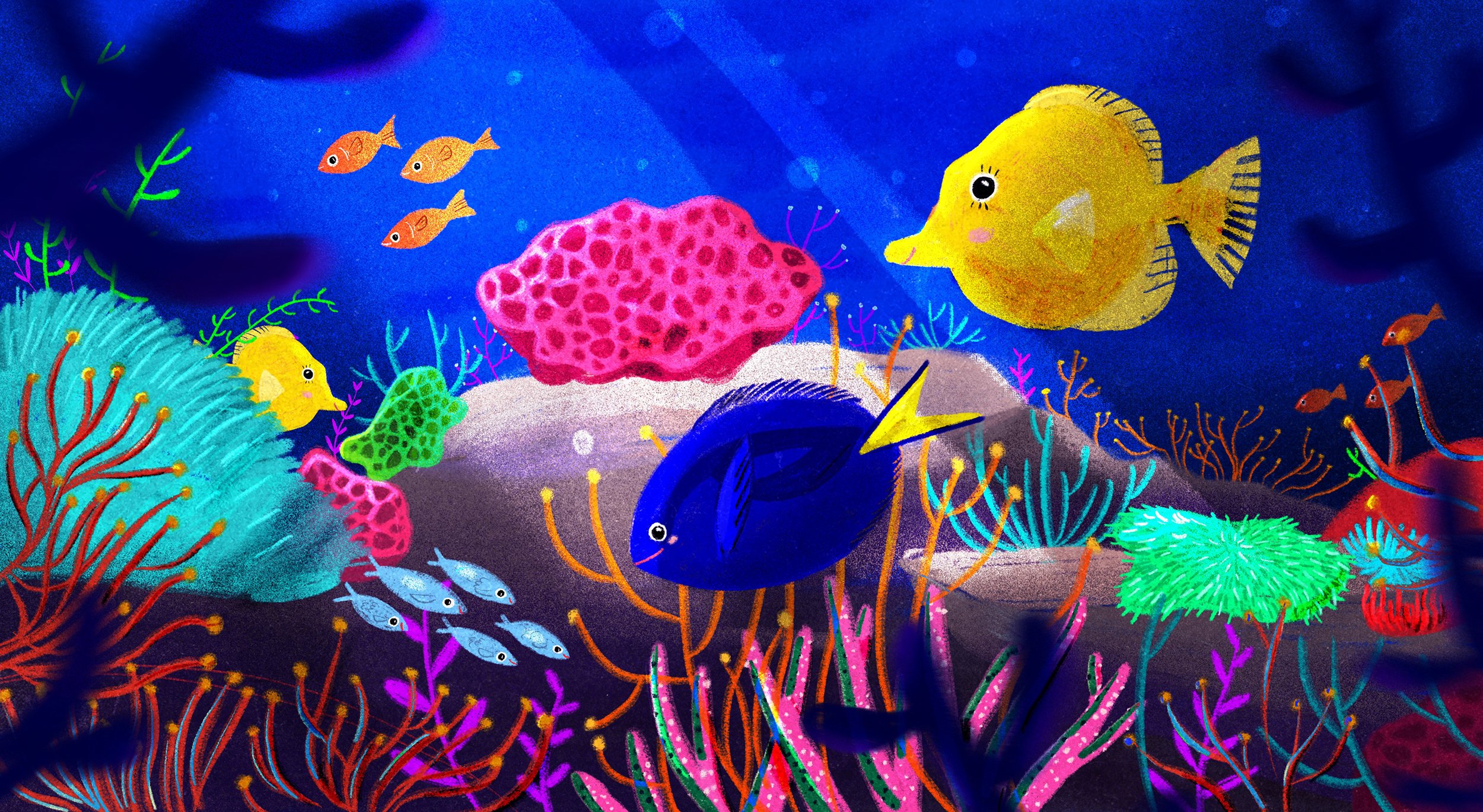Colorful cartoon underwater scene with various fish and coral.