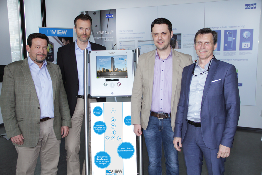 Im Bild v.l.n.r.: Gregor Schob - Direktor Service KONE AG Österreich, Gernot Schöbitz - Vorstand KONE AG Österreich, Johannes Schober - Geschäftsführer VIEW und Günter Baca - Direktor Marketing & Kommunikation KONE AG Österreich. © VIEW/Armin Braunsberger