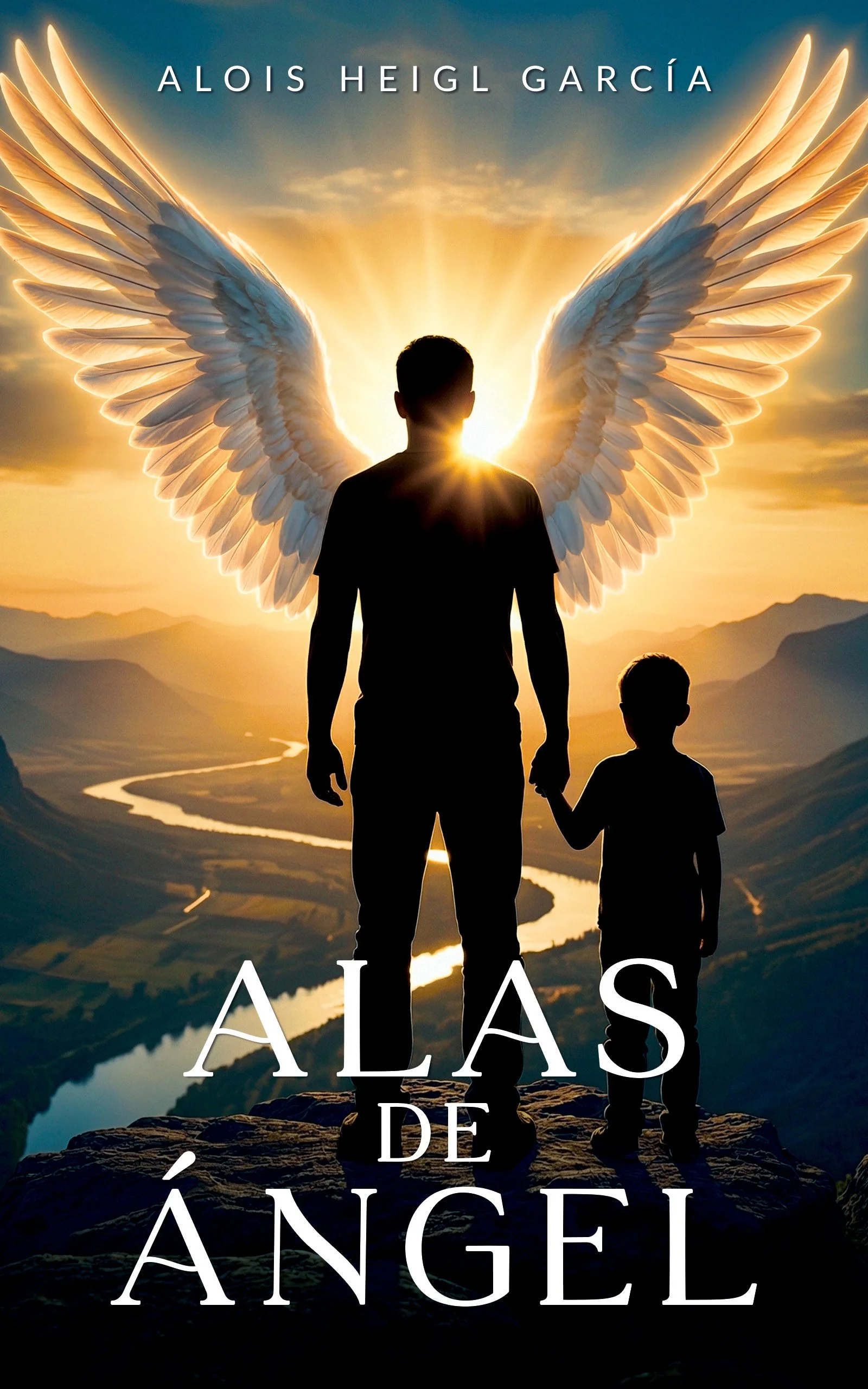 Book cover titled 'Wings of Angel' by Alois Heigl García with a beige background and white text, featuring a small logo with an astronomical or celestial symbol and the word 'Goldacht'.