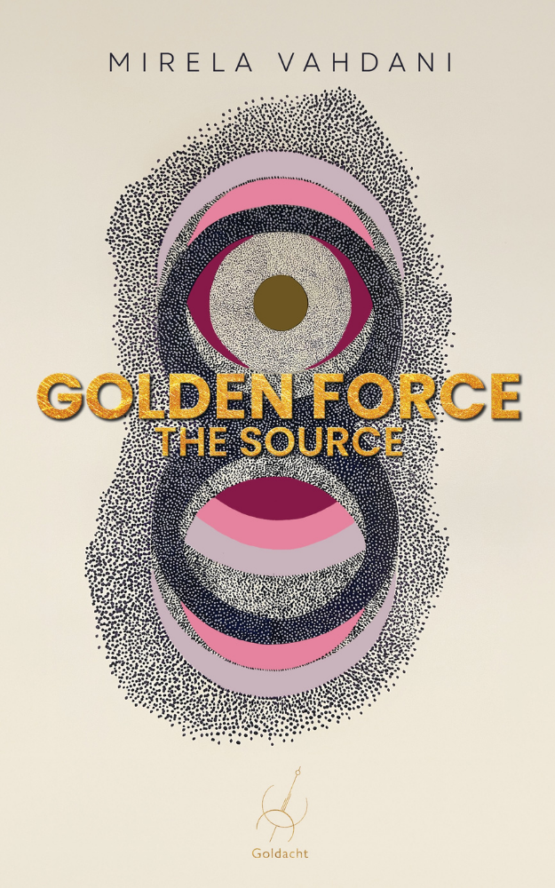 Book cover titled 'Golden Force: Book 1: The Source' by Mirela Vahdani, featuring a beige background and a minimalistic logo of a compass or navigational instrument at the bottom.