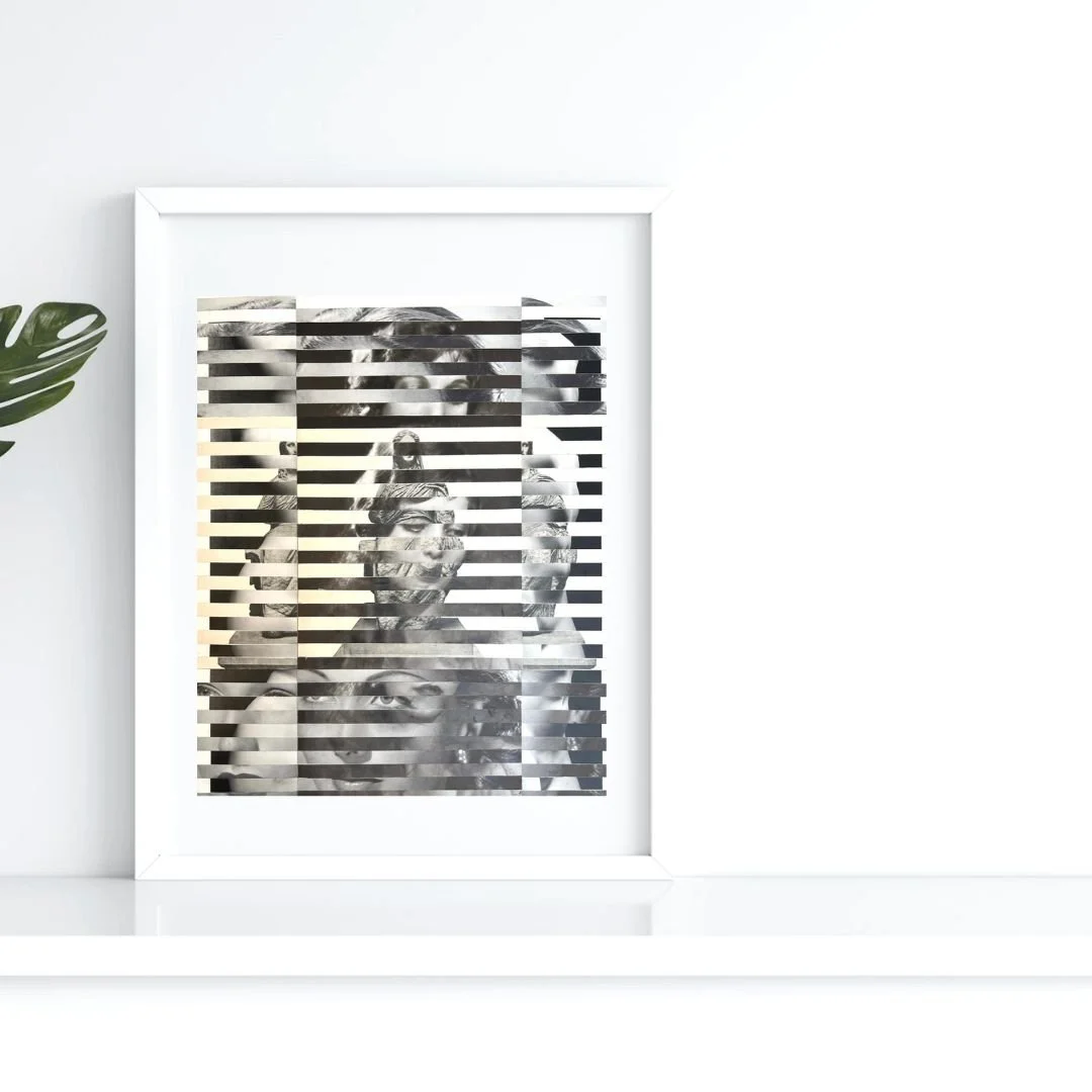 black and white collage art in a frame