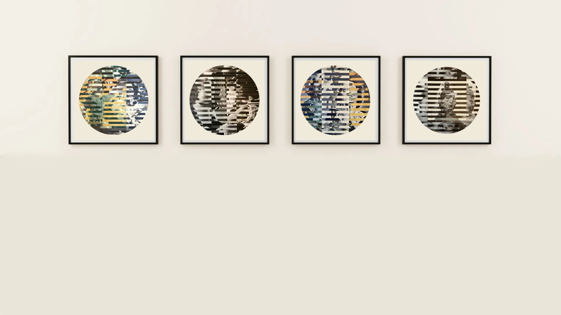 four framed collages on a wall