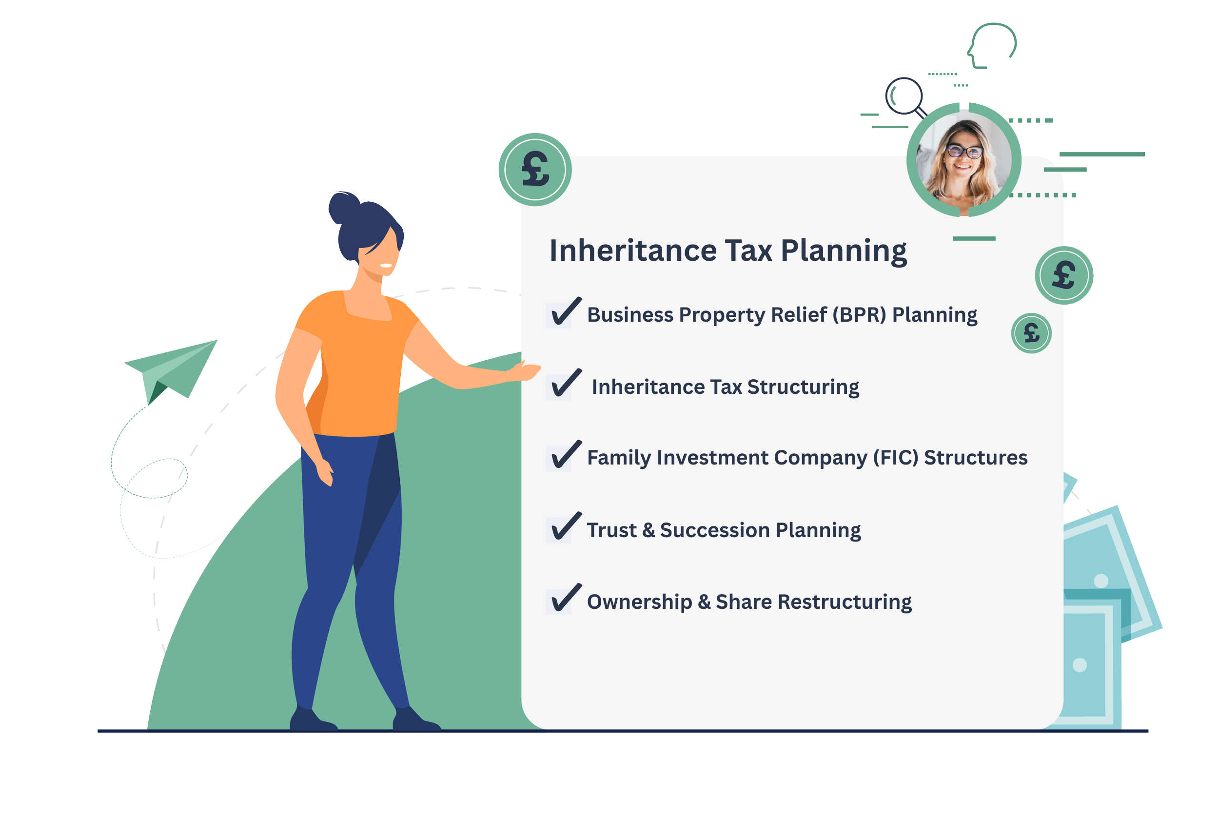 Inheritance tax planning for business owners including BPR planning, family investment companies and succession structuring.