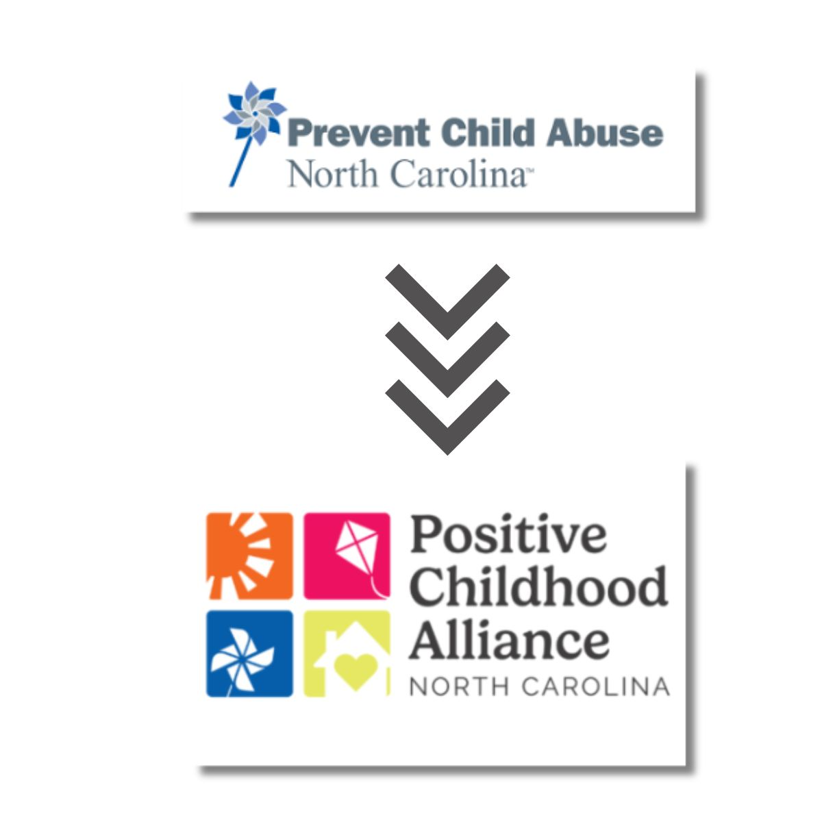 Graphic showing the rebrand from Prevent Child Abuse North Carolina to Positive Childhood Alliance North Carolina, with both logos connected by a downward arrow.