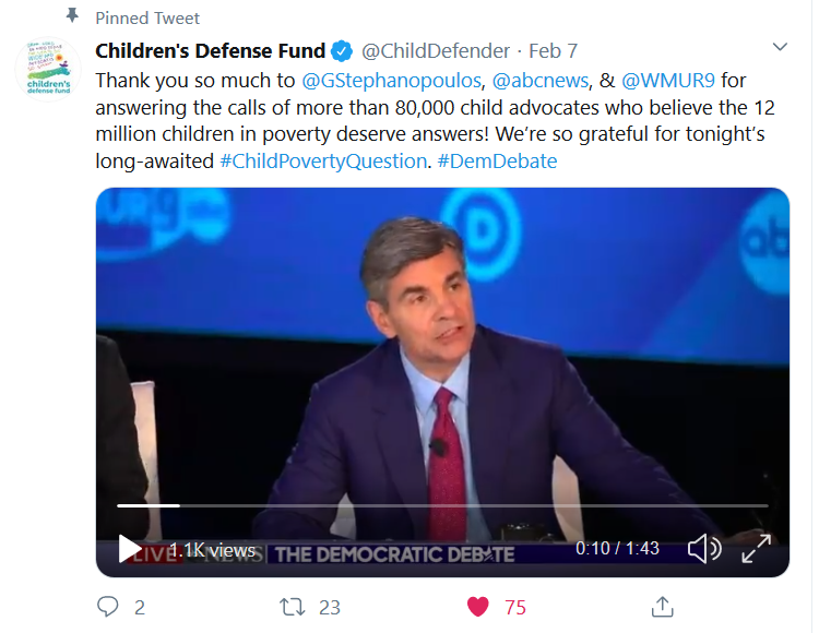 Pinned tweet from the Children's Defense Fund thanking ABC News and WMUR9 for asking the #ChildPovertyQuestion at the Democratic Debate, with a video still of George Stephanopoulos moderating.
