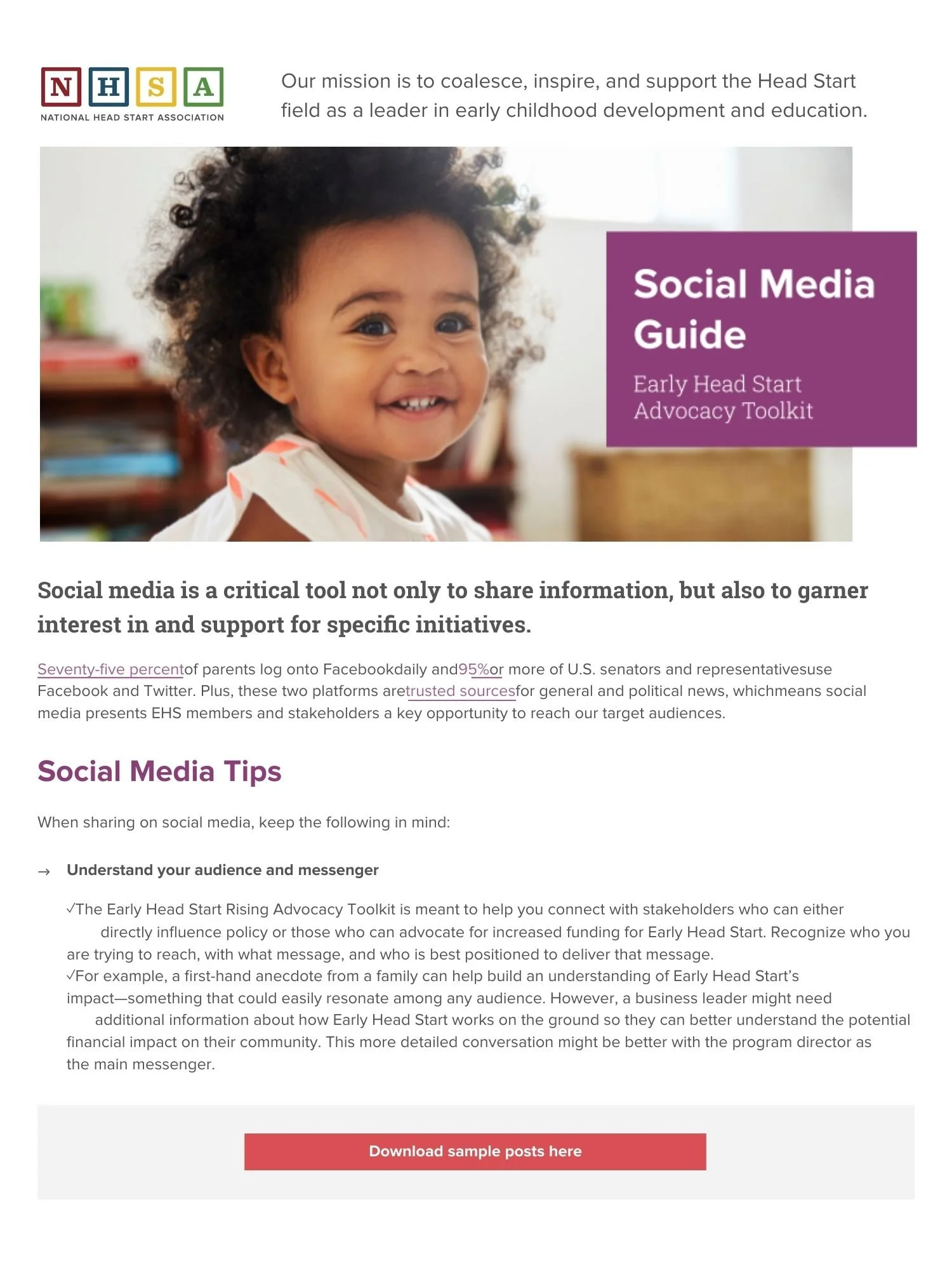 Page from the NHSA Early Head Start Advocacy Toolkit Social Media Guide with a photo of a toddler and guidance on understanding your audience and messenger.