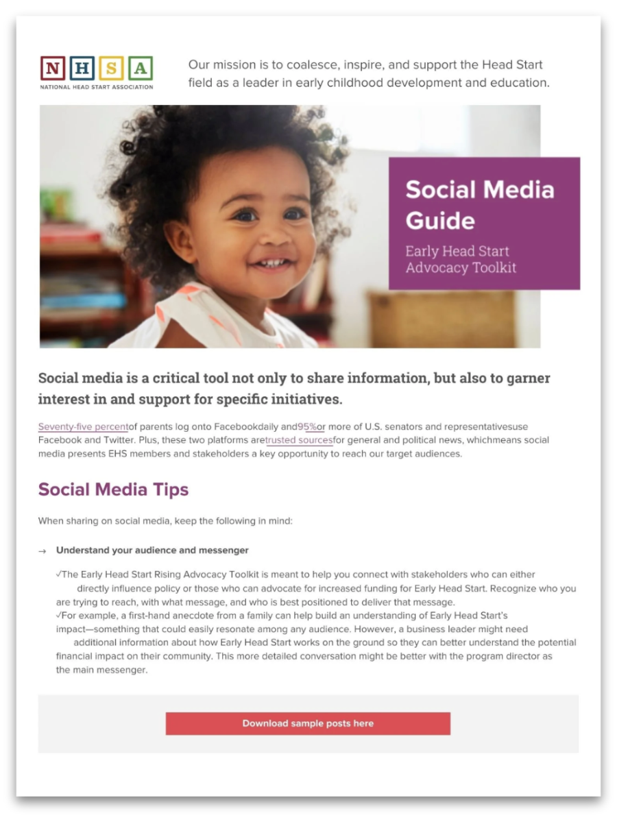Page from the NHSA Early Head Start Advocacy Toolkit Social Media Guide with a photo of a toddler and guidance on understanding your audience and messenger.