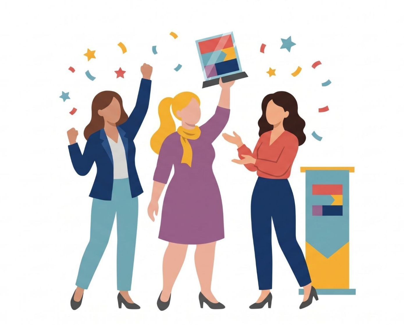 The clipart image includes three women celebrating an award. One woman is wearing a blue blazer, the second a purple dress, and the third a red blouse.