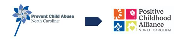 PCANC's previous logo, a blue and grey pinwheel (on the left), and the new logo, an orange box with a son in it, a pink box with a kite in it, a blue box with a pinwheel and a yellow box with a house and a heart (on the right)