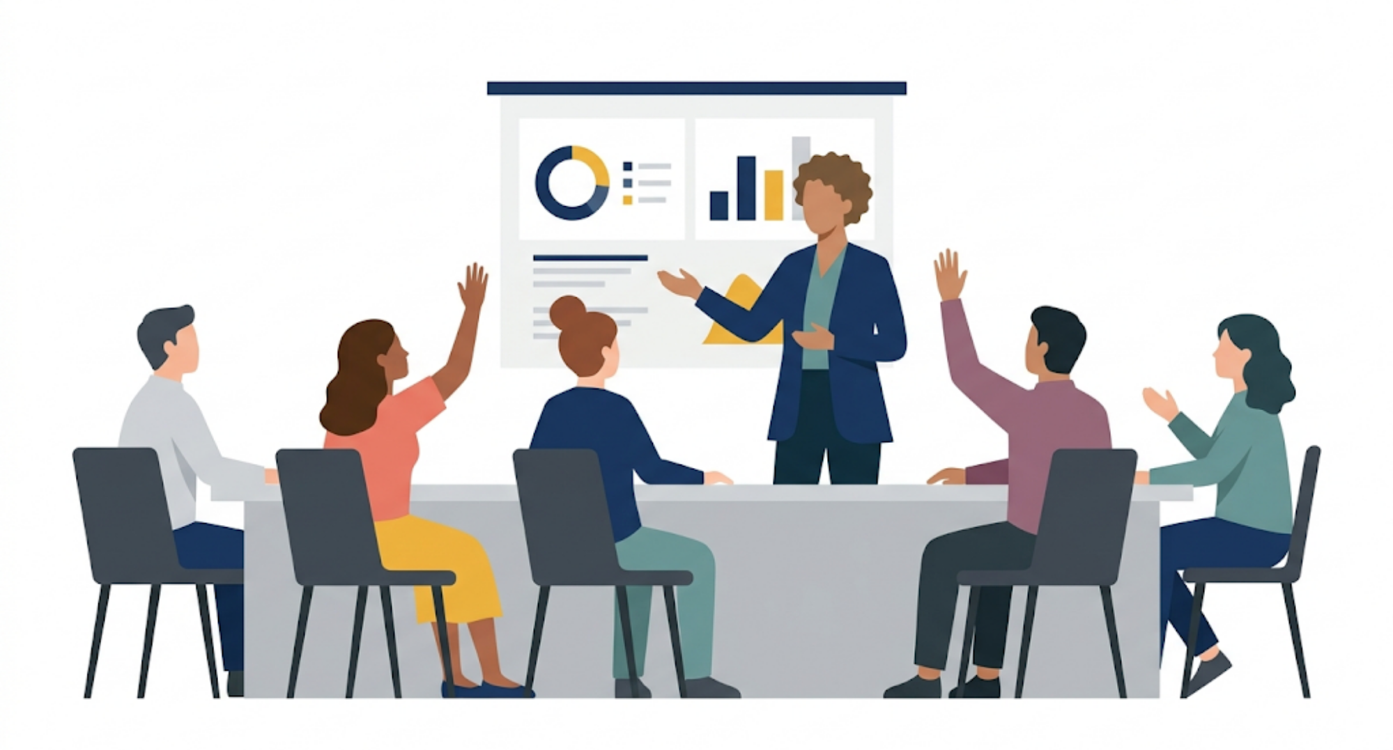The clipart image includes a business team meeting. One member is presenting and two members are raising their hands to ask questions.