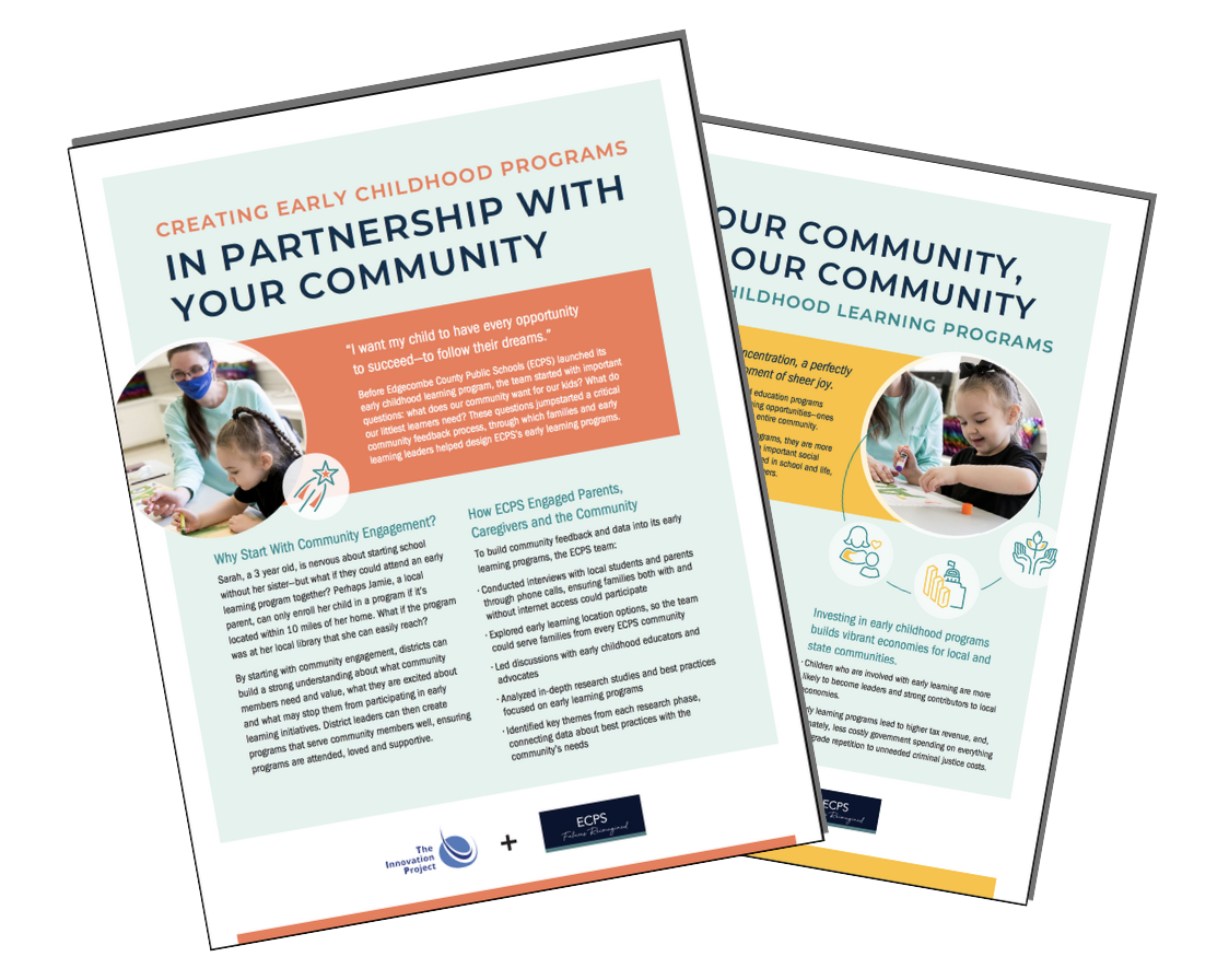 The Innovation Project and Edgecombe County Public Schools community partnership one-pager on early childhood learning programs, shown as a two-sided document mockup.