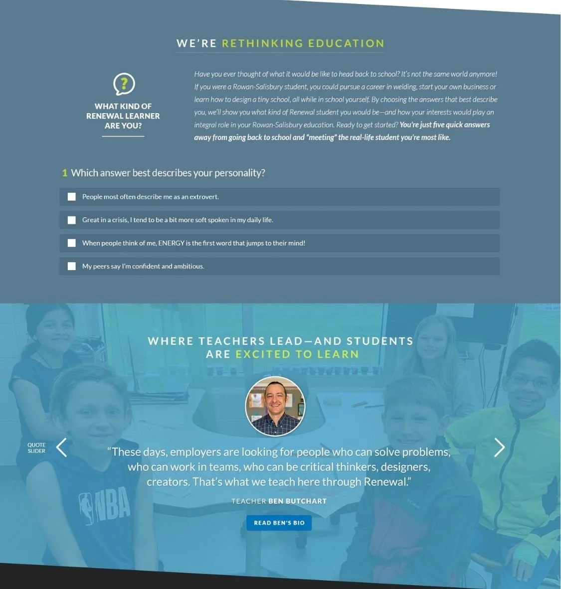 Rowan-Salisbury Schools Renewal District microsite section featuring a What Kind of Renewal Learner Are You quiz alongside a teacher testimonial quote from Ben Butchart about teaching problem-solving and critical thinking.