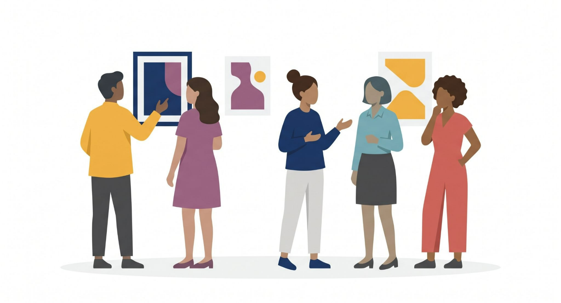 The image is clipart of a small group of people gathered in a social setting around art.