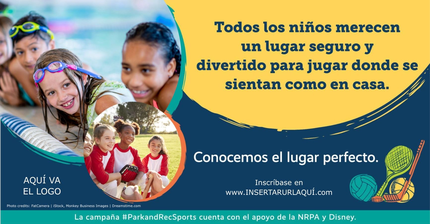 NRPA and Disney #ParkandRecSports Spanish campaign ad showing diverse girls at a pool and on a sports field with messaging about safe play spaces for all children.