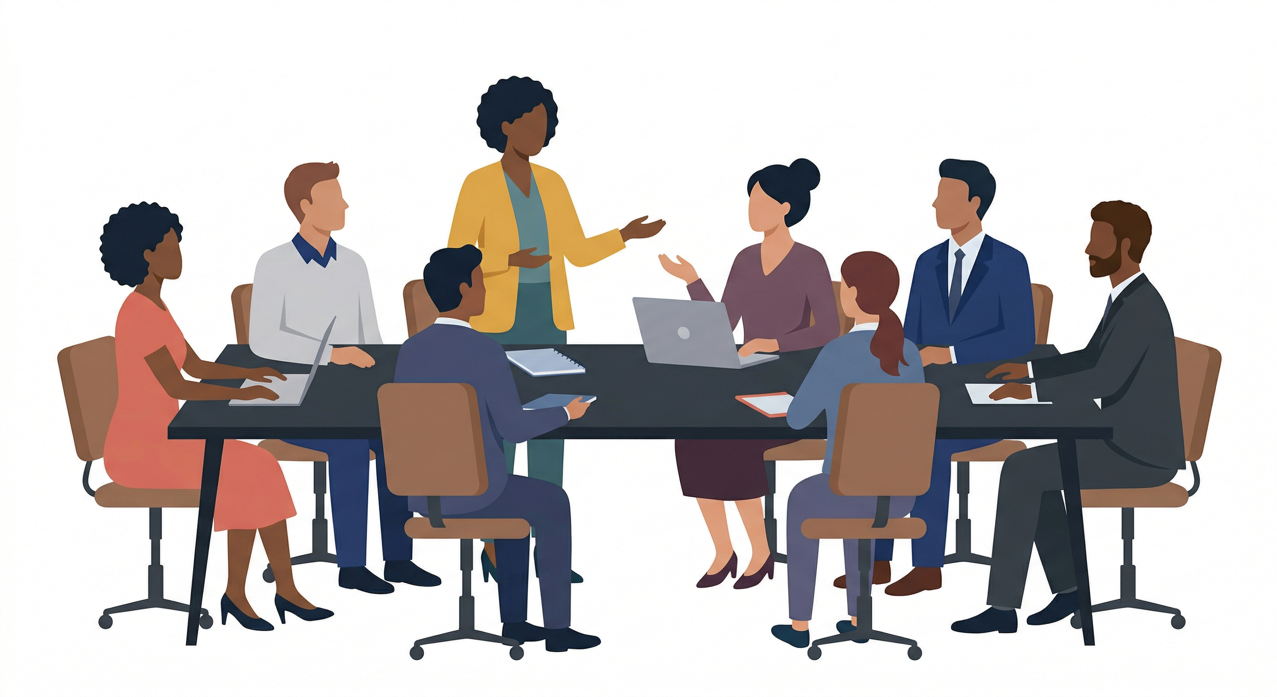 A flat-style illustration of a diverse group of corporate professionals engaged in a business meeting around a large conference table, with one woman standing to present.